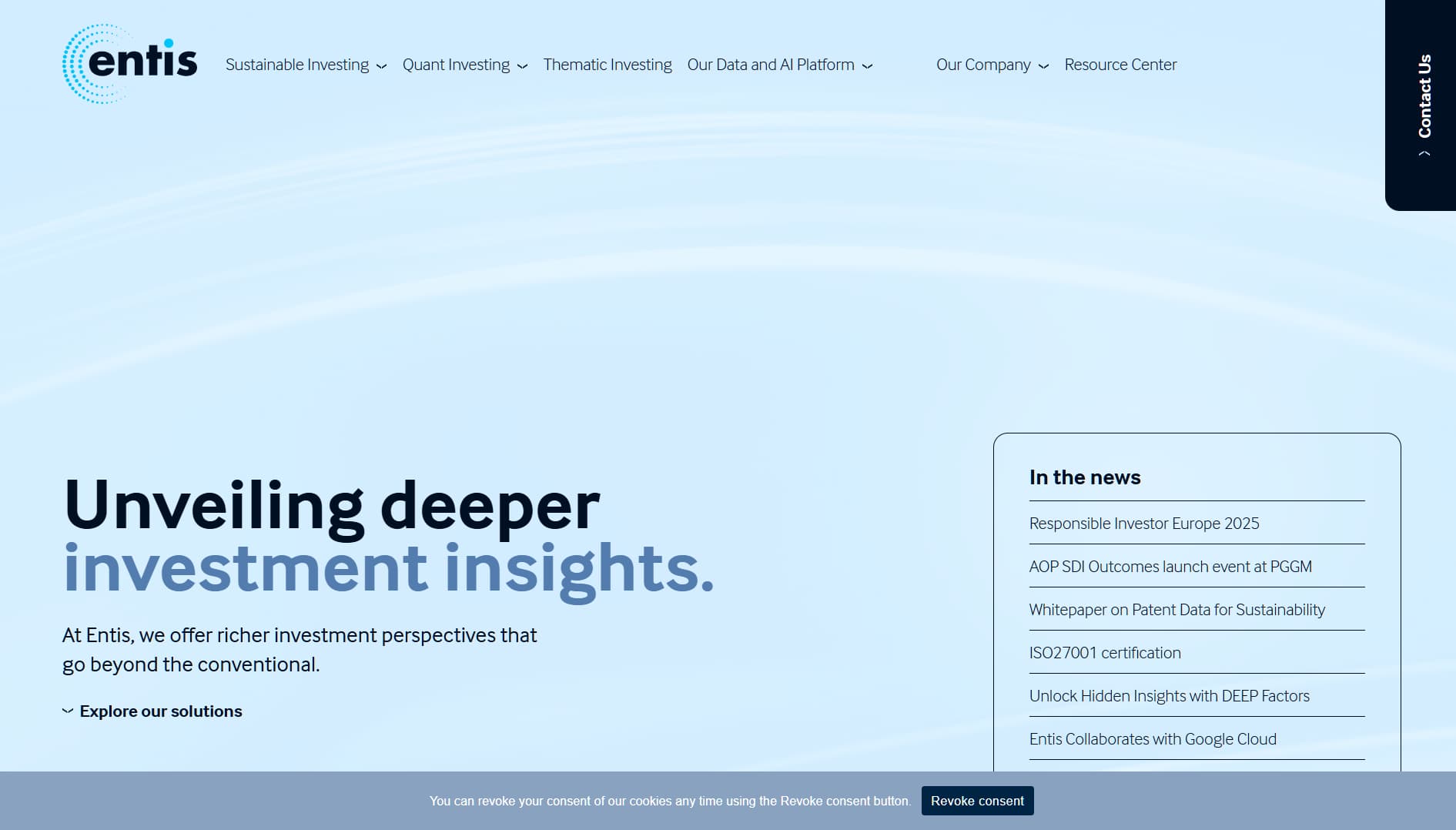 Screenshot of Entis homepage showcasing a light blue design with the headline ‘Unveiling deeper investment insights’ promoting sustainable and AI-driven investing solutions.