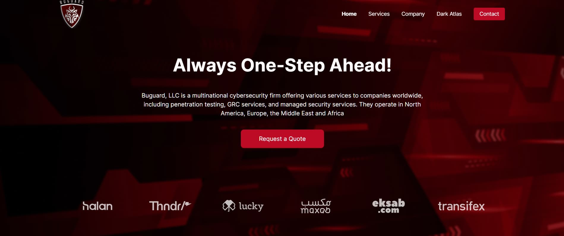 Buguard website homepage with red background and bold message “Always One-Step Ahead” promoting penetration testing and managed security services.