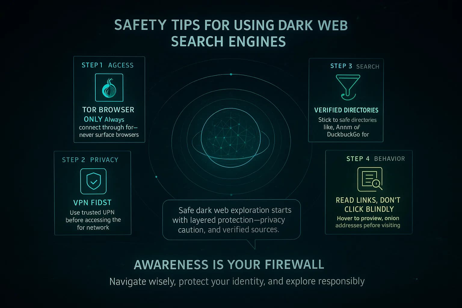 “A digital sphere glows in darkness as holographic panels appear one by one, each revealing a safety step for browsing the dark web. VPN shields expand outward, Tor nodes pulse softly, and trust filters scan streams of data. A voice reads: ‘Always use Tor with a VPN, visit verified directories, and never share personal data. Awareness is your firewall — explore responsibly.’”