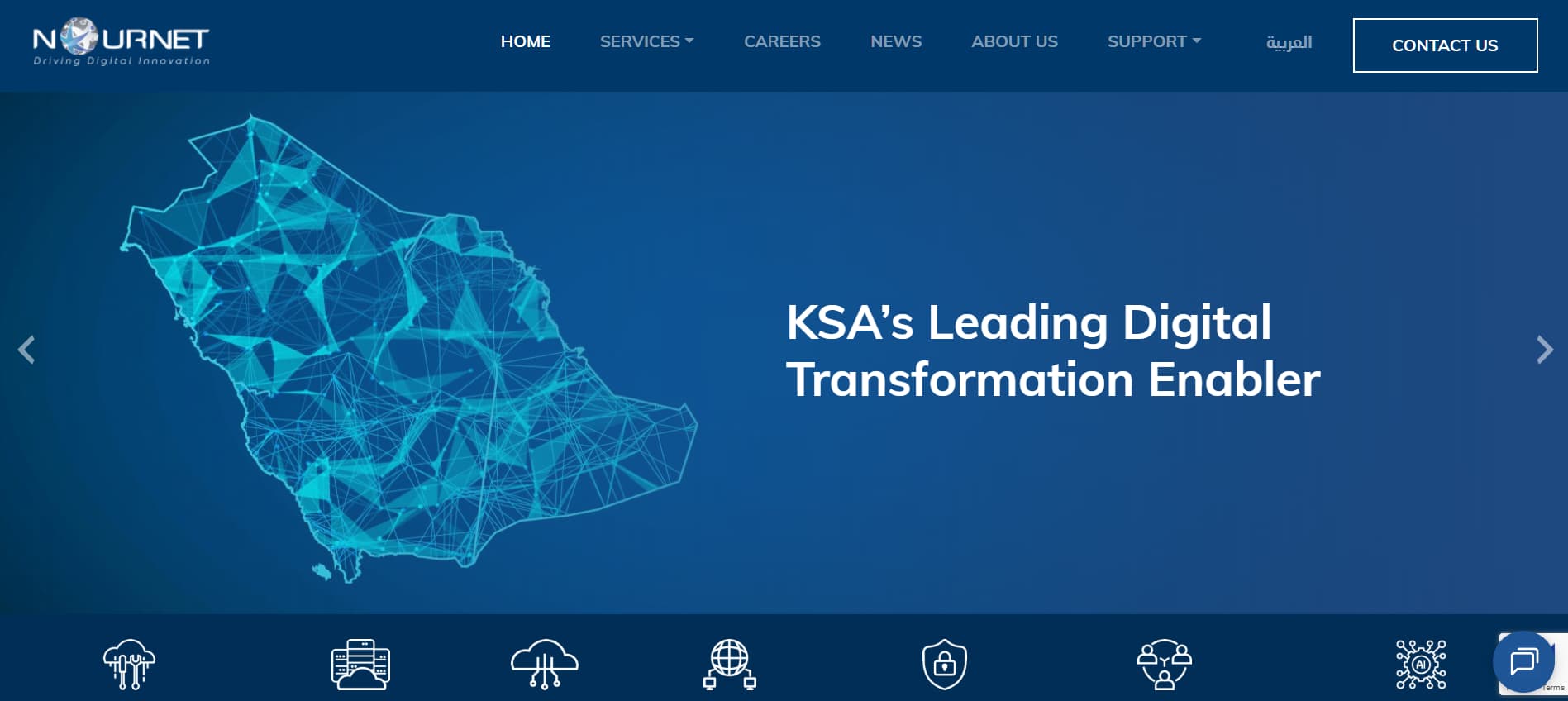 NourNet website homepage featuring digital map of Saudi Arabia with glowing network lines and text “KSA’s Leading Digital Transformation Enabler.”