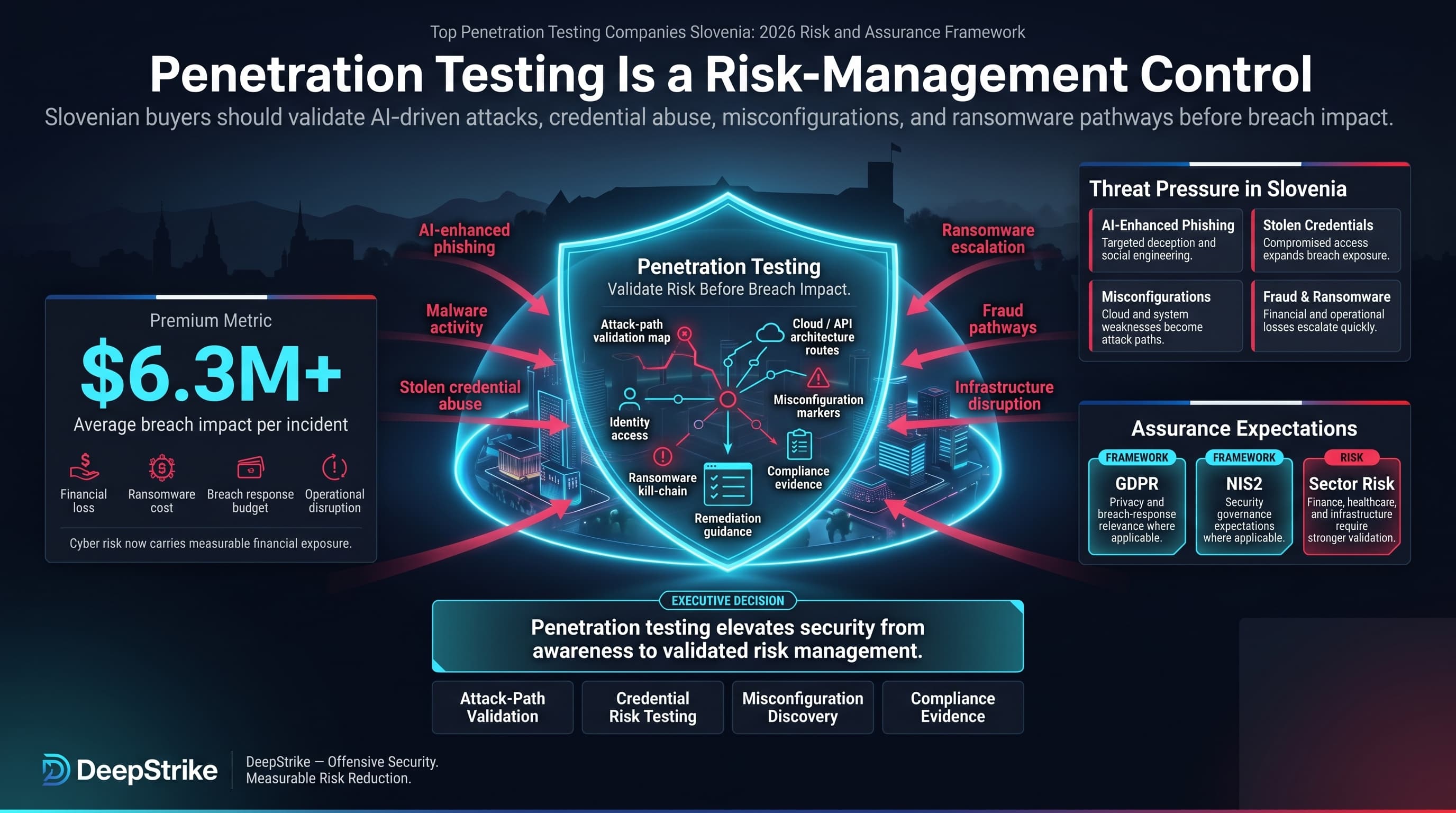 “A premium cybersecurity risk-management dashboard for Slovenia shows a futuristic Ljubljana enterprise environment protected by a glowing shield. A $6.3M-plus breach impact metric appears on the left, while AI-enhanced phishing, stolen credentials, misconfigurations, fraud, ransomware, GDPR, and NIS2 assurance signals appear on the right. The lower-right corner is intentionally empty for watermark removal.”
