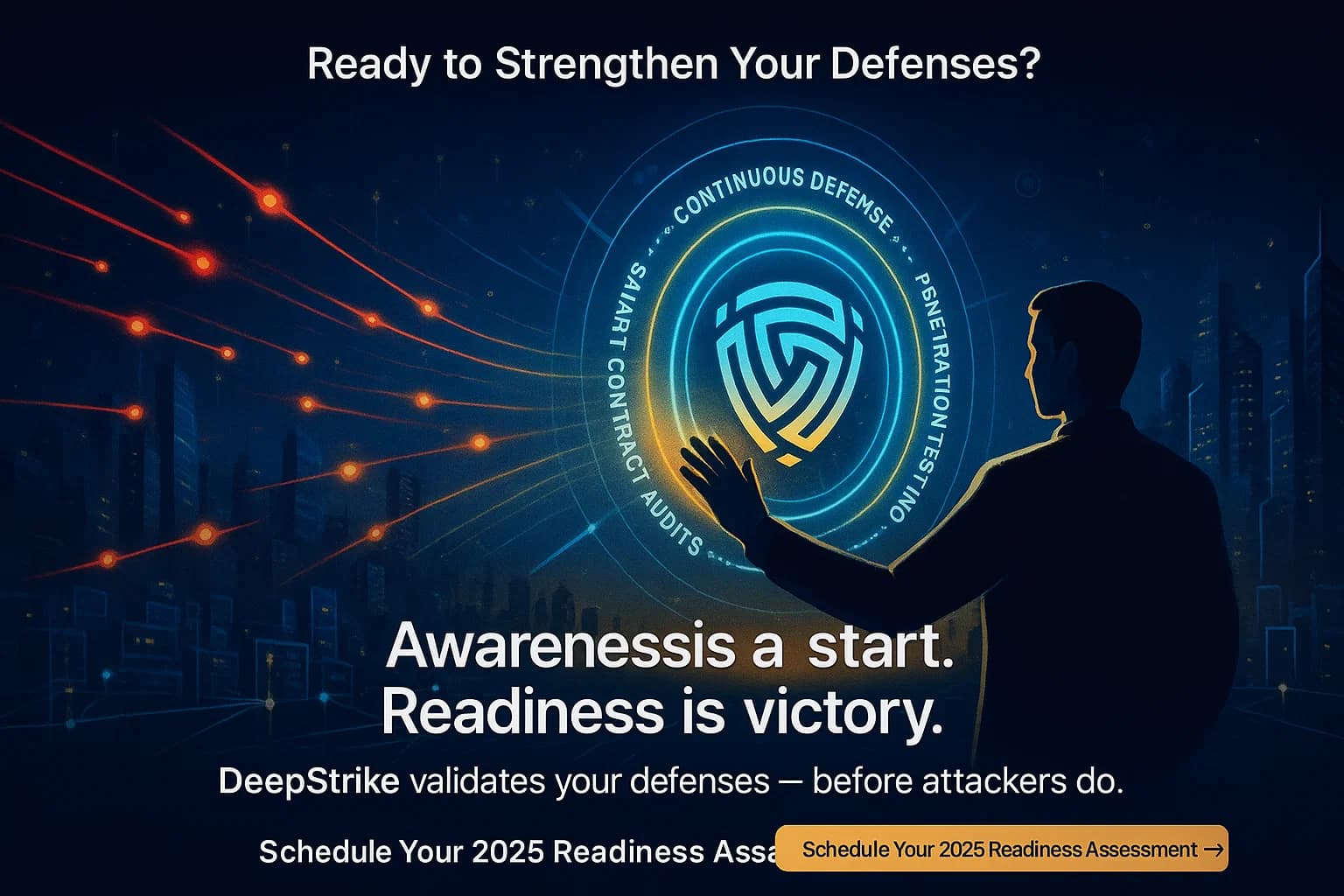 Digital illustration of a cybersecurity professional activating a holographic crypto shield labeled with DeepStrike services — penetration testing, audits, and continuous defense — blocking red threat data streams across a blockchain network.