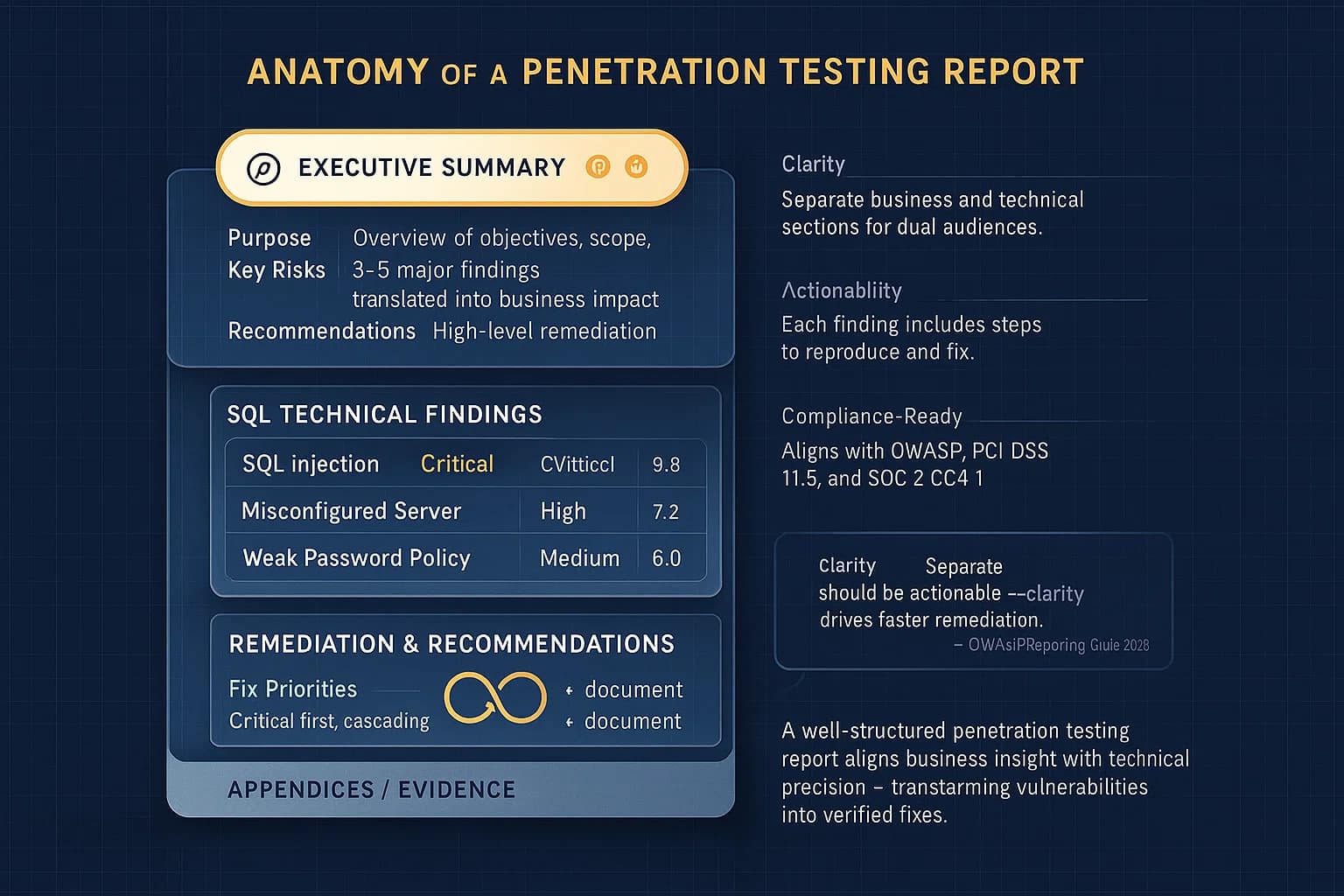 “Layered infographic breaking down the three parts of a penetration testing report — executive summary, technical findings, and remediation — showing how each supports decision-making and compliance.”