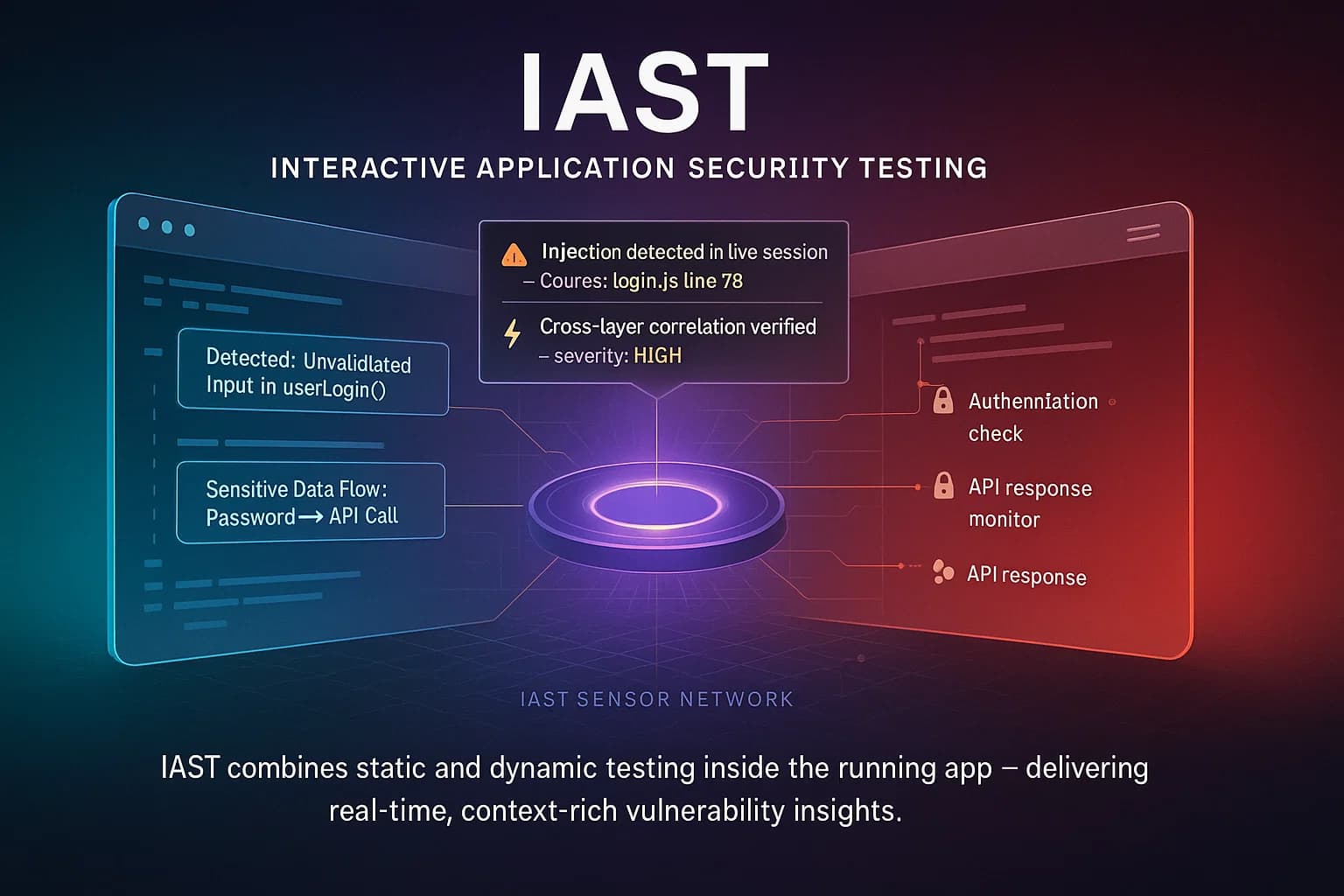 Illustration of an application split between source code and runtime activity with an embedded IAST sensor ring collecting data from both environments.