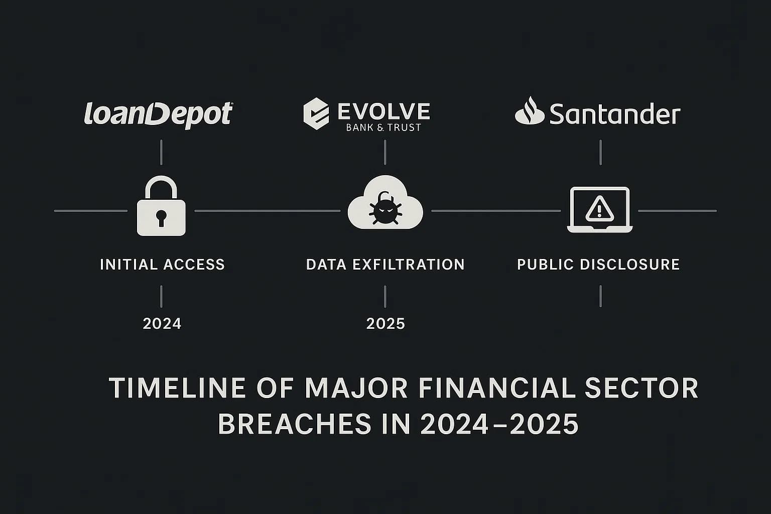Timeline showing LoanDepot, Evolve Bank & Trust, and Santander breach sequences from initial access to public disclosure