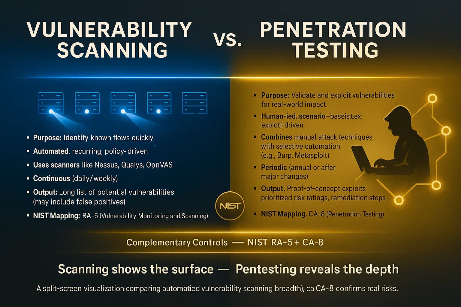 Infographic showing the difference between vulnerability scanning and penetration testing: automated scanners detecting known issues versus human testers exploiting real vulnerabilities to validate security.