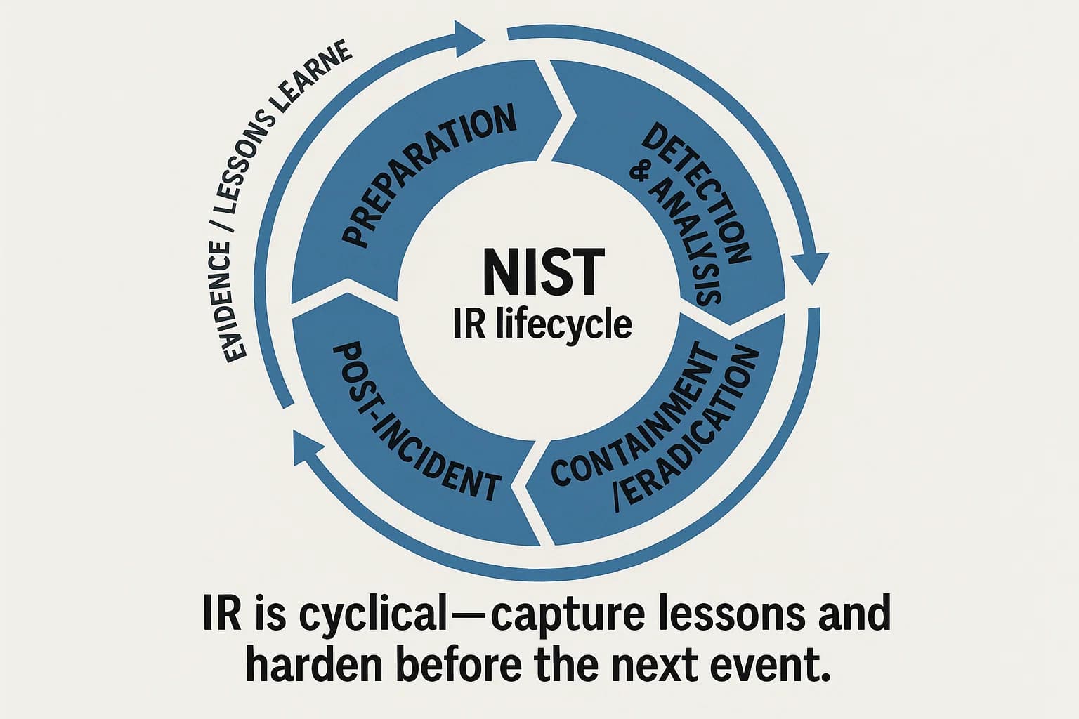 Circular diagram of the NIST incident response lifecycle with feedback into preparation.” Placement: At the start of the Incident Response section.