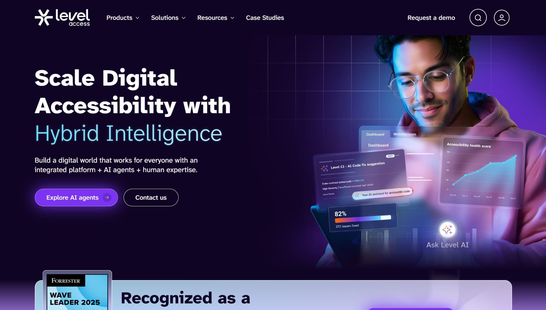 Homepage featuring a person interacting with glowing digital screens, with the text ‘Scale Digital Accessibility with Hybrid Intelligence’ emphasizing AI-powered accessibility solutions