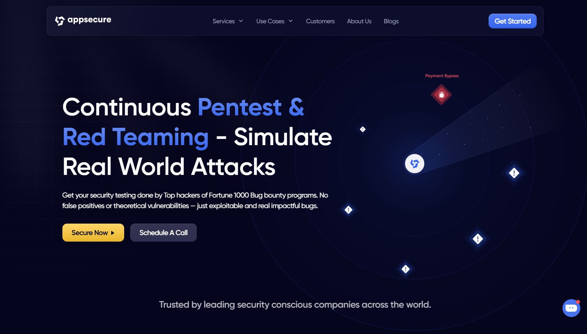 Screenshot of AppSecure homepage highlighting ‘Continuous Pentest & Red Teaming – Simulate Real World Attacks,’ promoting continuous penetration testing and security validation