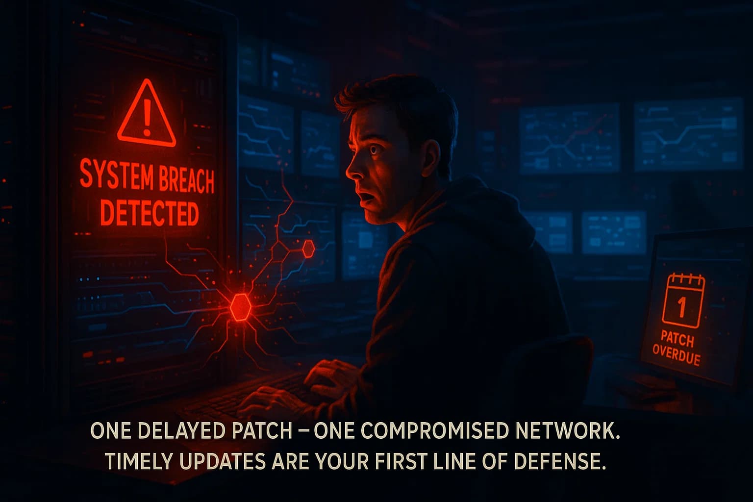 Cinematic cybersecurity scene showing a data breach spreading across servers after a delayed patch, with an operator reacting to red system alerts.