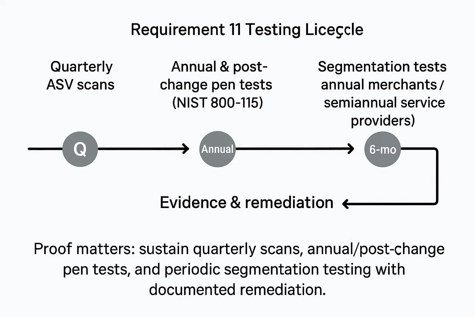 Lifecycle diagram of PCI Req. 11 activities, showing cadence and evidence flow for ASV scans, penetration testing, and segmentation validation.