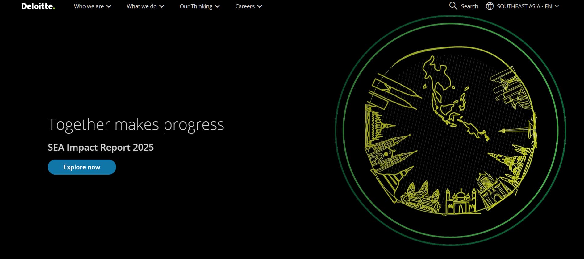 “Deloitte Southeast Asia webpage featuring a dark background with a stylized globe graphic and text reading ‘Together makes progress – SEA Impact Report 2025.’”