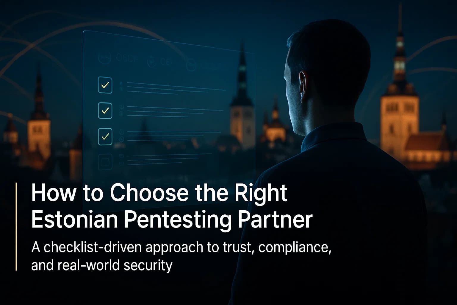 “Cybersecurity expert reviewing a glowing holographic checklist with Tallinn’s skyline in the background, symbolizing the process of selecting the right penetration testing provider in Estonia.”