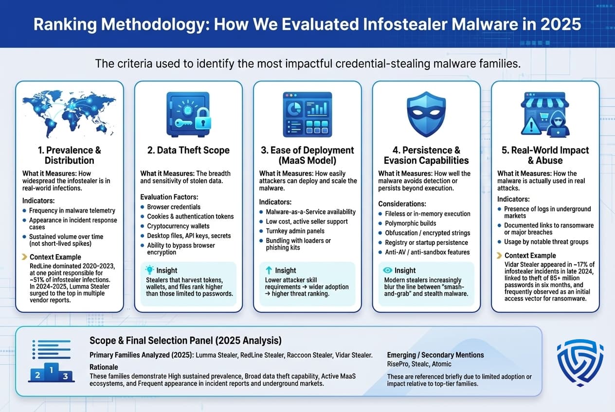 Alt text: Infographic outlining five criteria for ranking infostealer malware in 2025, including prevalence, data theft scope, ease of deployment, evasion, and real-world impact.