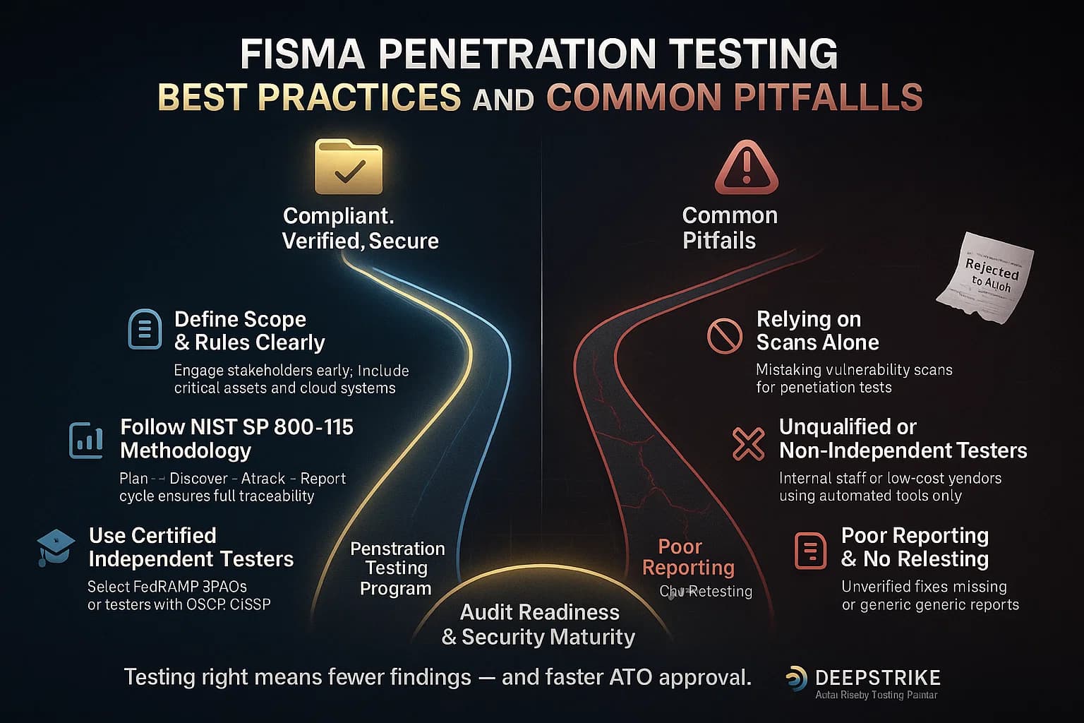 Infographic comparing best practices (scope, certified testers, NIST methodology, re-testing) against common pitfalls (limited scope, scan-only tests, poor reporting) in FISMA penetration testing programs.