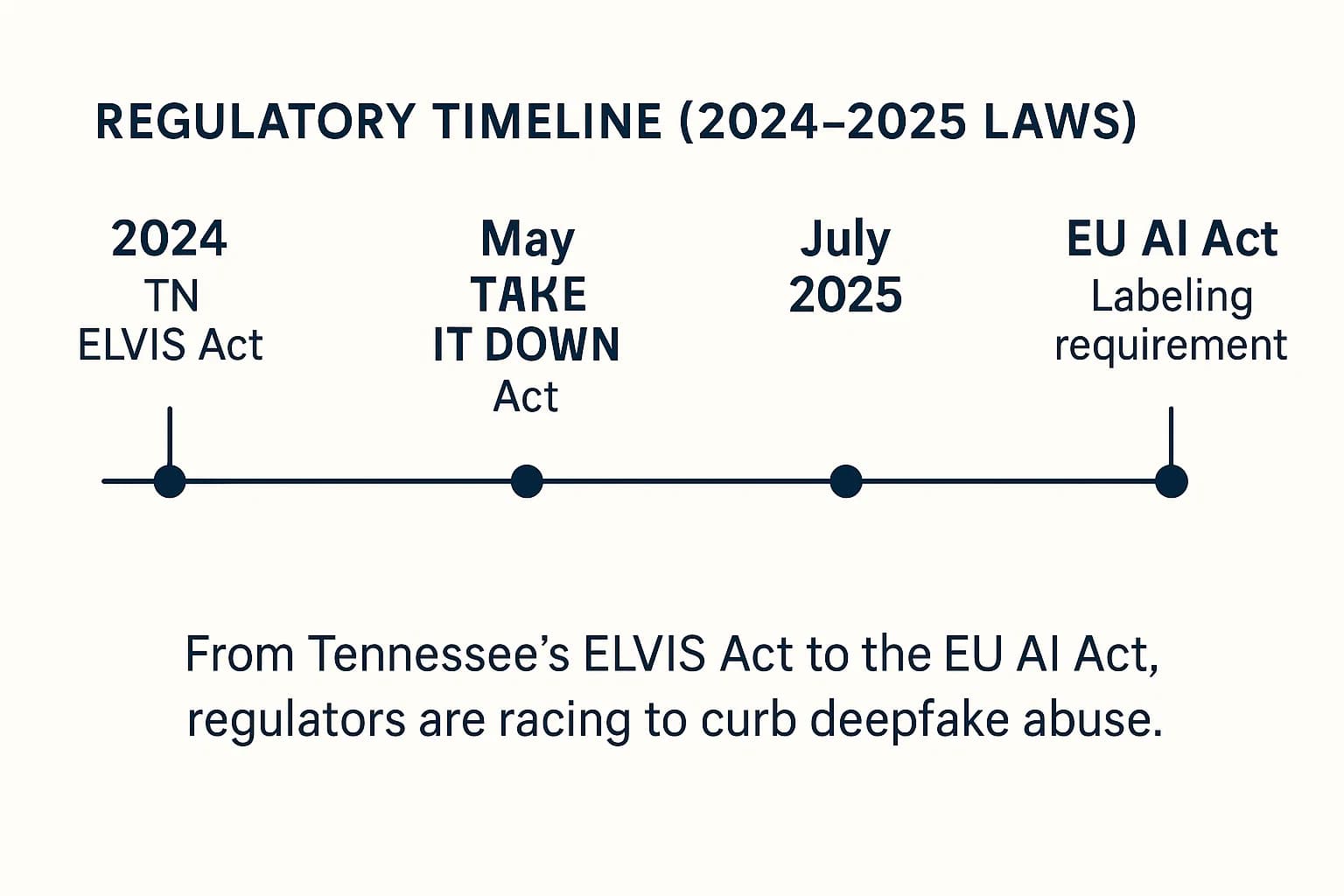 Timeline graphic highlighting key deepfake-related regulations: Tennessee ELVIS Act (2024), U.S. TAKE IT DOWN Act (May 2025), UK Online Safety Act (July 2025), EU AI Act labeling requirement (Aug 2025).