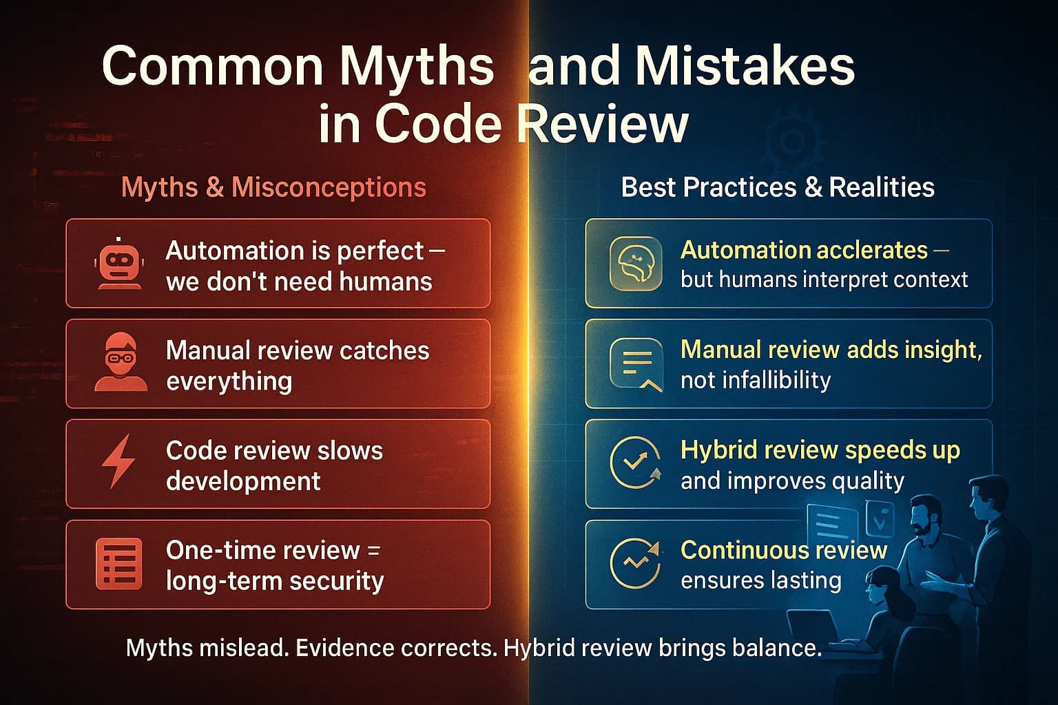 Infographic comparing myths versus realities in code review, showing misconceptions on one side and corrected best practices on the other.