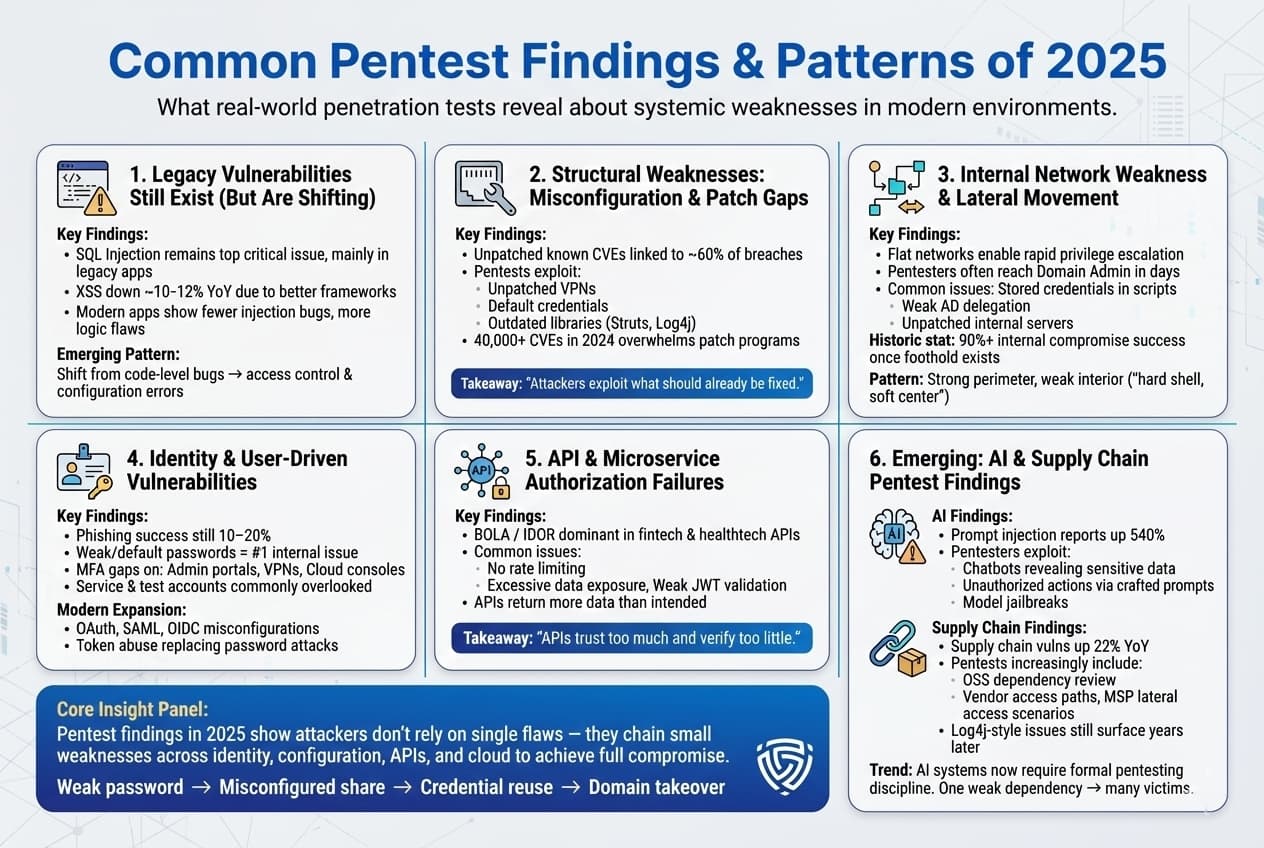 Infographic summarizing common penetration testing findings in 2025, such as legacy vulnerabilities, misconfigurations and patch gaps, internal network weaknesses, identity-driven flaws, API authorization failures, and emerging AI and supply-chain vulnerabilities, showing how small issues combine into full compromise.