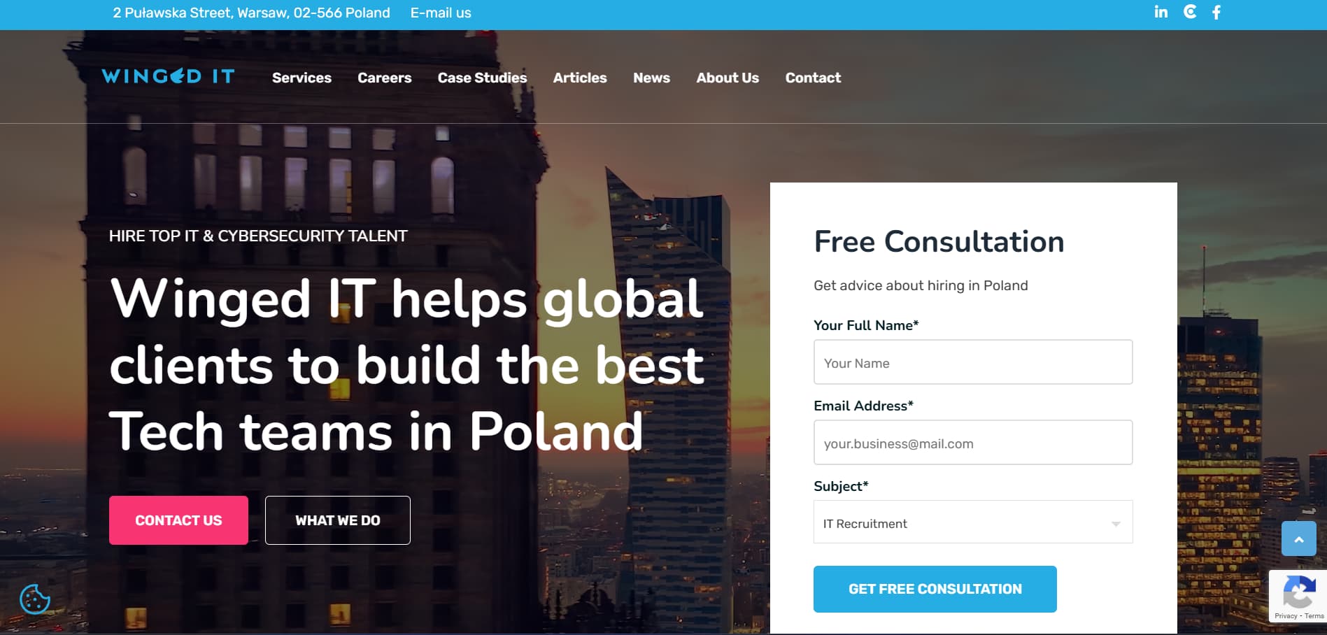 Alt: “Winged IT Poland IT and cybersecurity recruitment website with free consultation form and Warsaw skyline background”