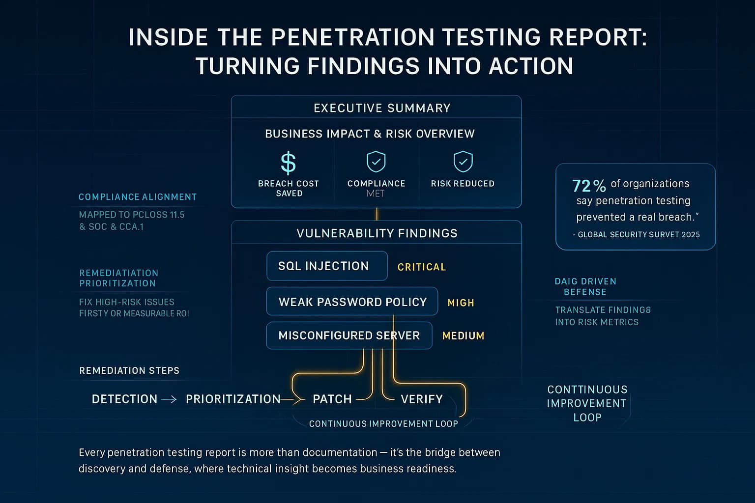 “A schematic-style infographic showing how a penetration testing report converts vulnerabilities into prioritized actions and compliance assurance, moving from executive summary to technical findings and remediation flow.”