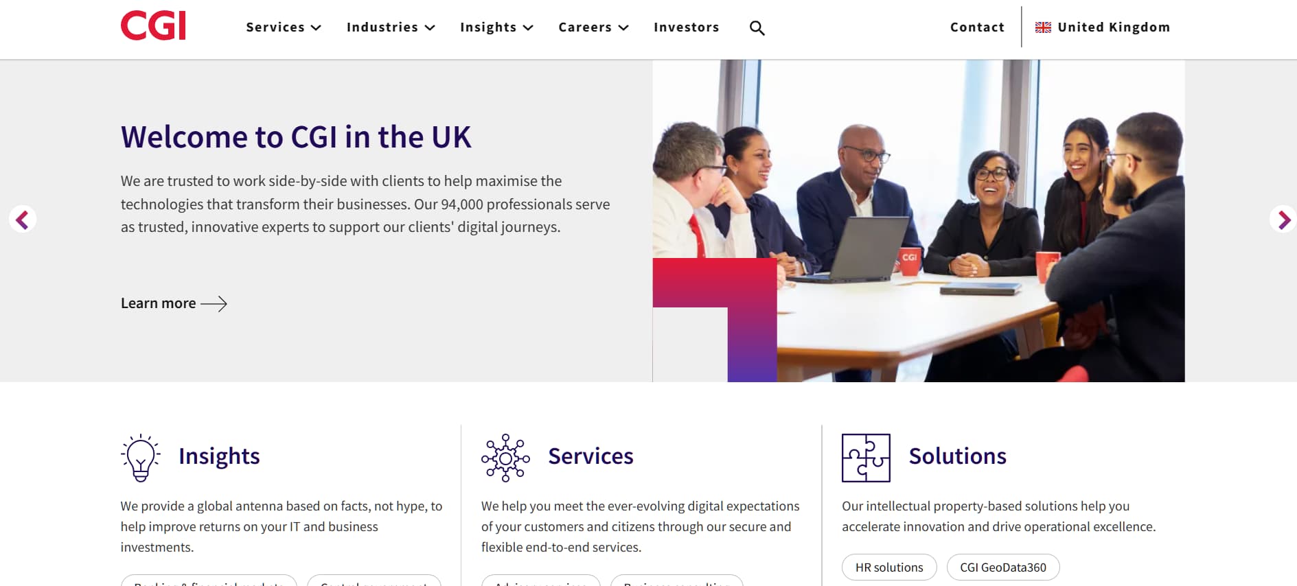 Alt text: Corporate website banner for CGI UK showing a diverse group of professionals in a meeting room beside text welcoming users to CGI in the UK.