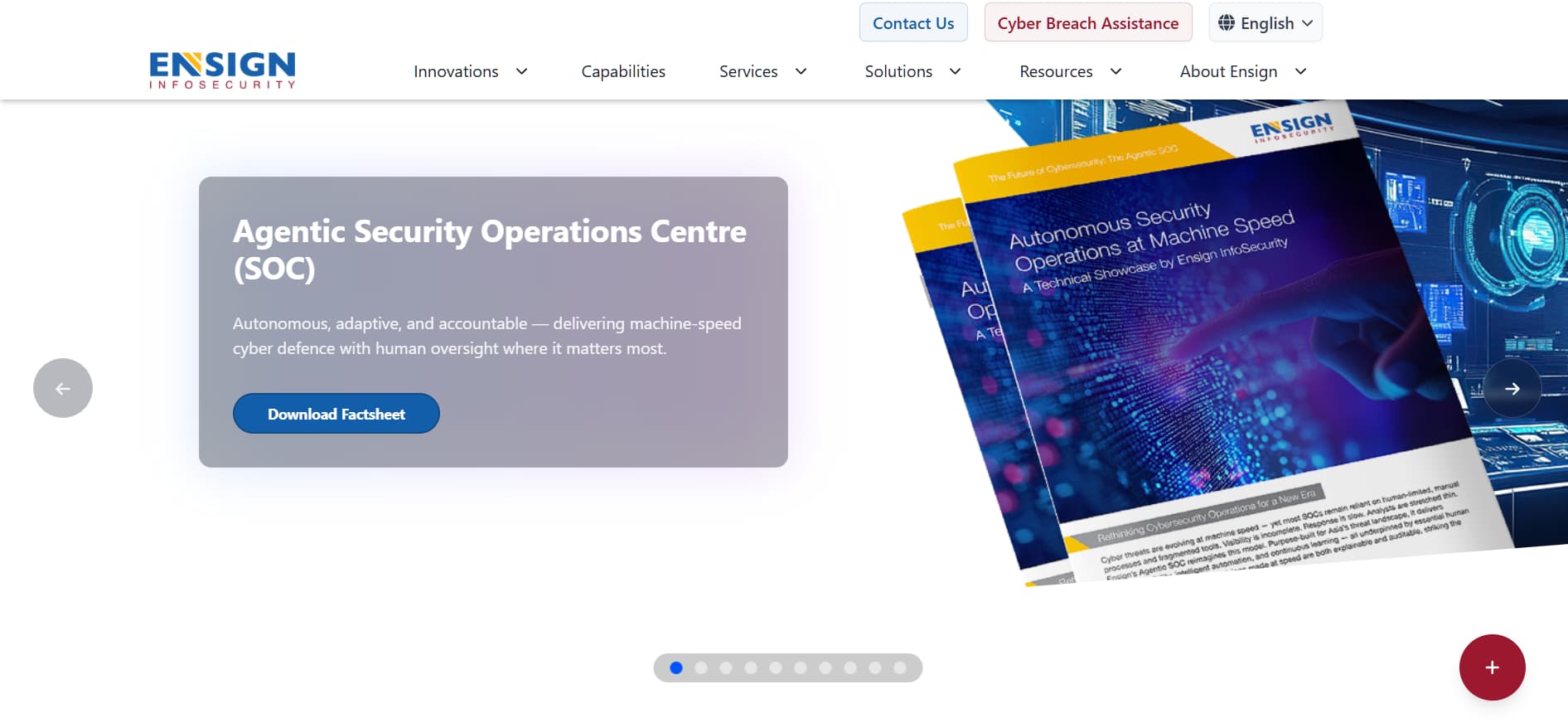 “Ensign InfoSecurity SOC cybersecurity operations centre banner with autonomous security brochure visuals”