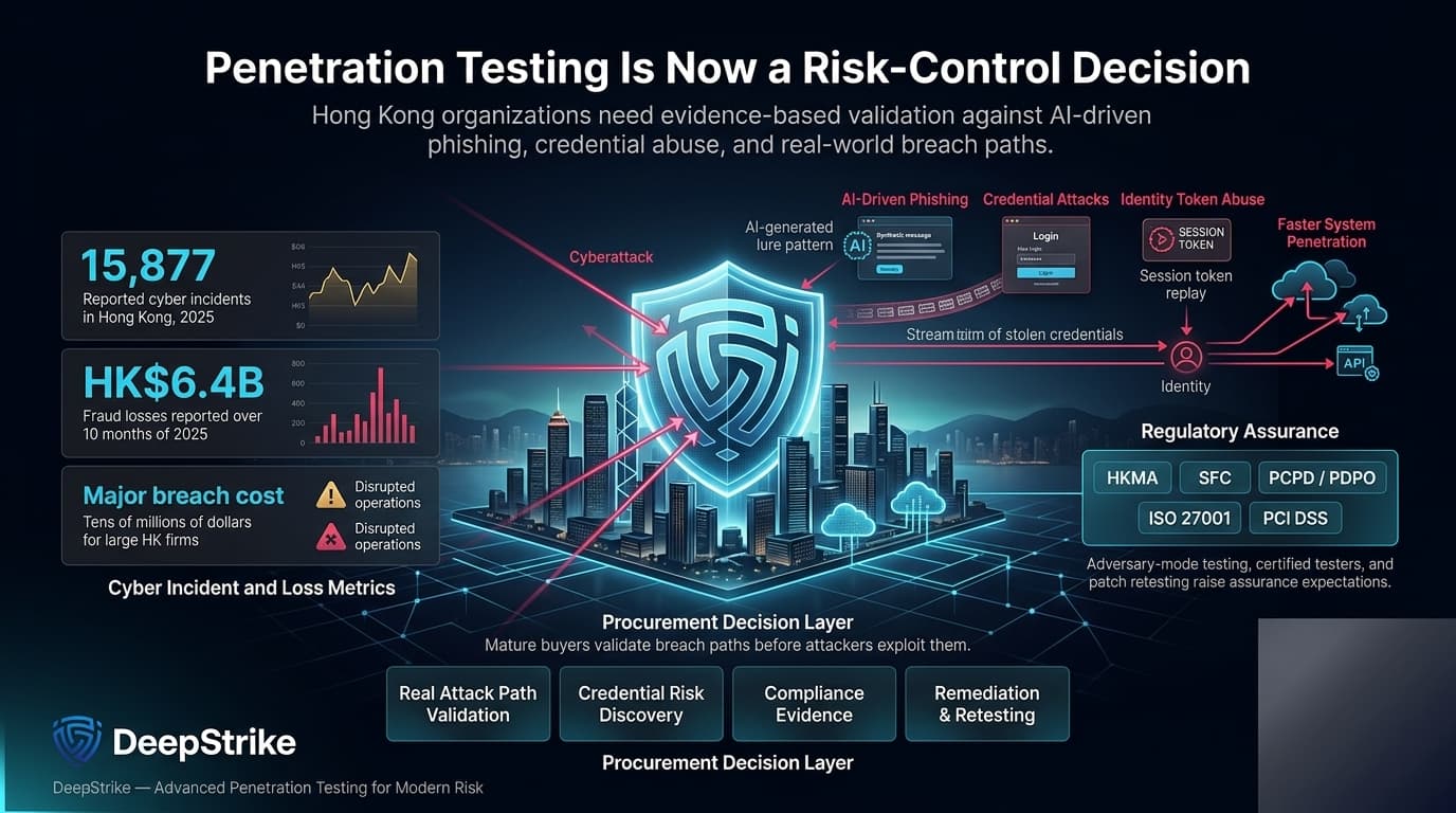 “A cinematic cybersecurity dashboard shows a futuristic Hong Kong enterprise skyline protected by a glowing shield. Attack paths labeled AI-driven phishing, credential attacks, identity token abuse, and system penetration approach the shield. Data panels highlight 15,877 cyber incidents, HK$6.4B in fraud losses, and growing regulatory pressure from HKMA, SFC, PCPD/PDPO, ISO 27001, and PCI DSS. The DeepStrike logo appears isolated in the lower-left corner, while the lower-right corner is left empty for watermark removal.”