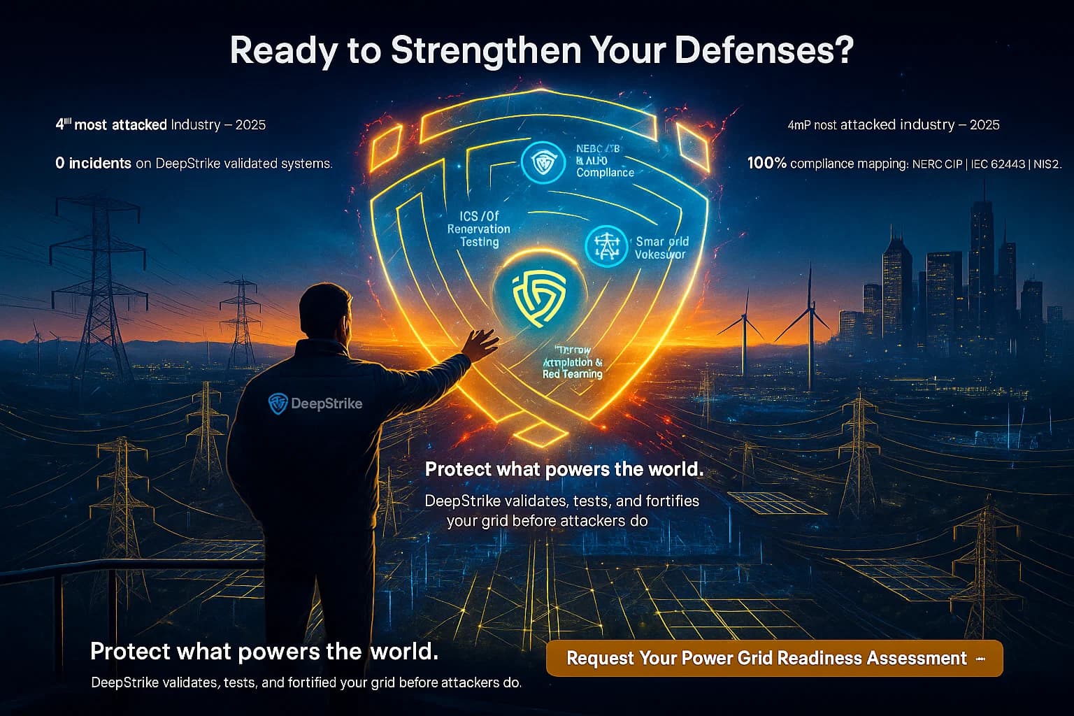 Digital illustration of a cybersecurity professional activating a glowing blue-gold holographic shield over a national power grid, symbolizing DeepStrike’s comprehensive protection for ICS, IoT, and smart energy systems.
