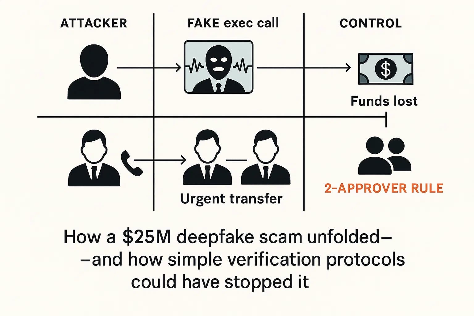 Swimlane diagram showing how attackers use voice/video cloning in fake executive calls to trigger fraudulent wire transfers, with controls such as callback verification and multi-approver rules.
