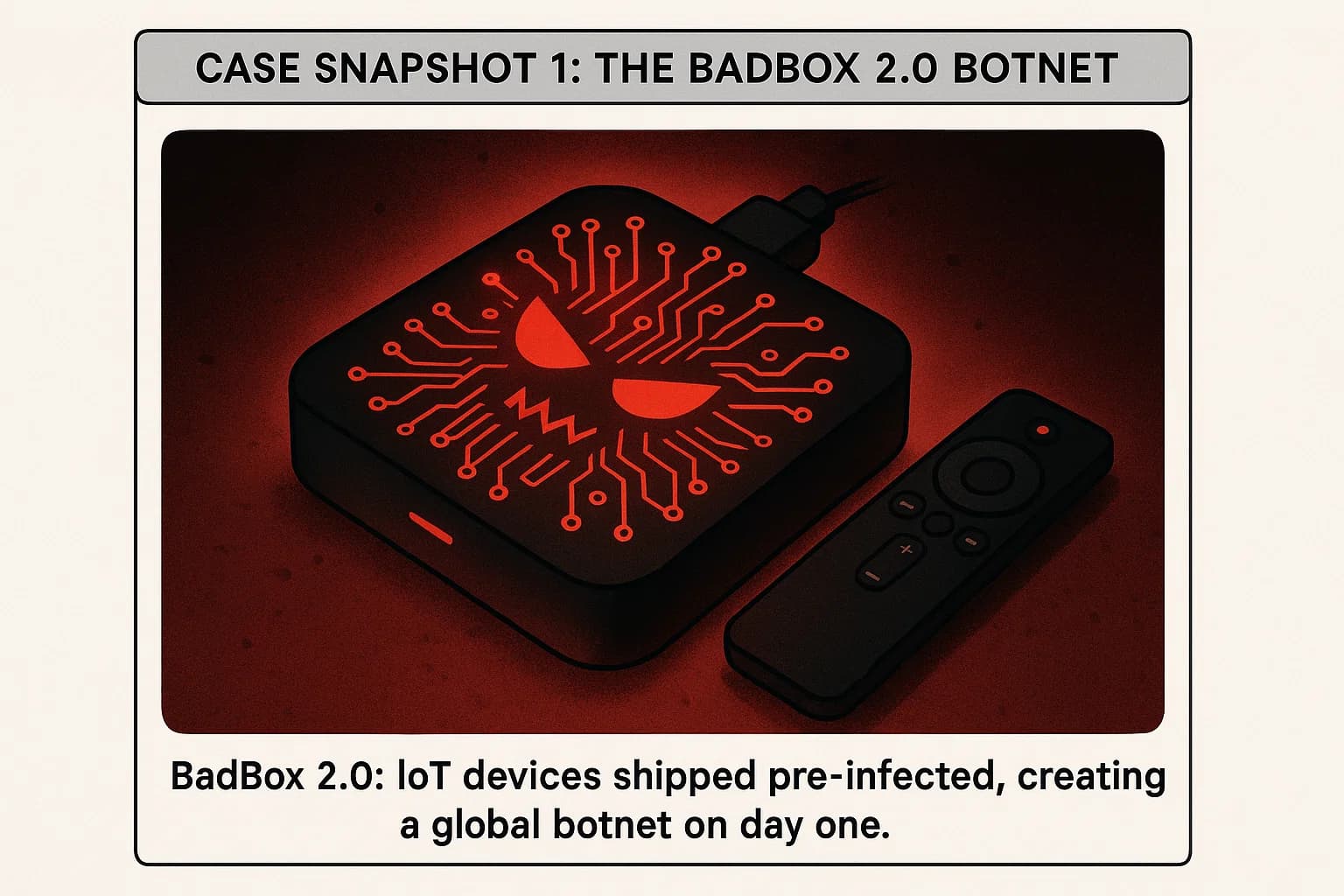 Illustration of compromised IoT smart devices preloaded with malware, symbolizing the BadBox 2.0 botnet.