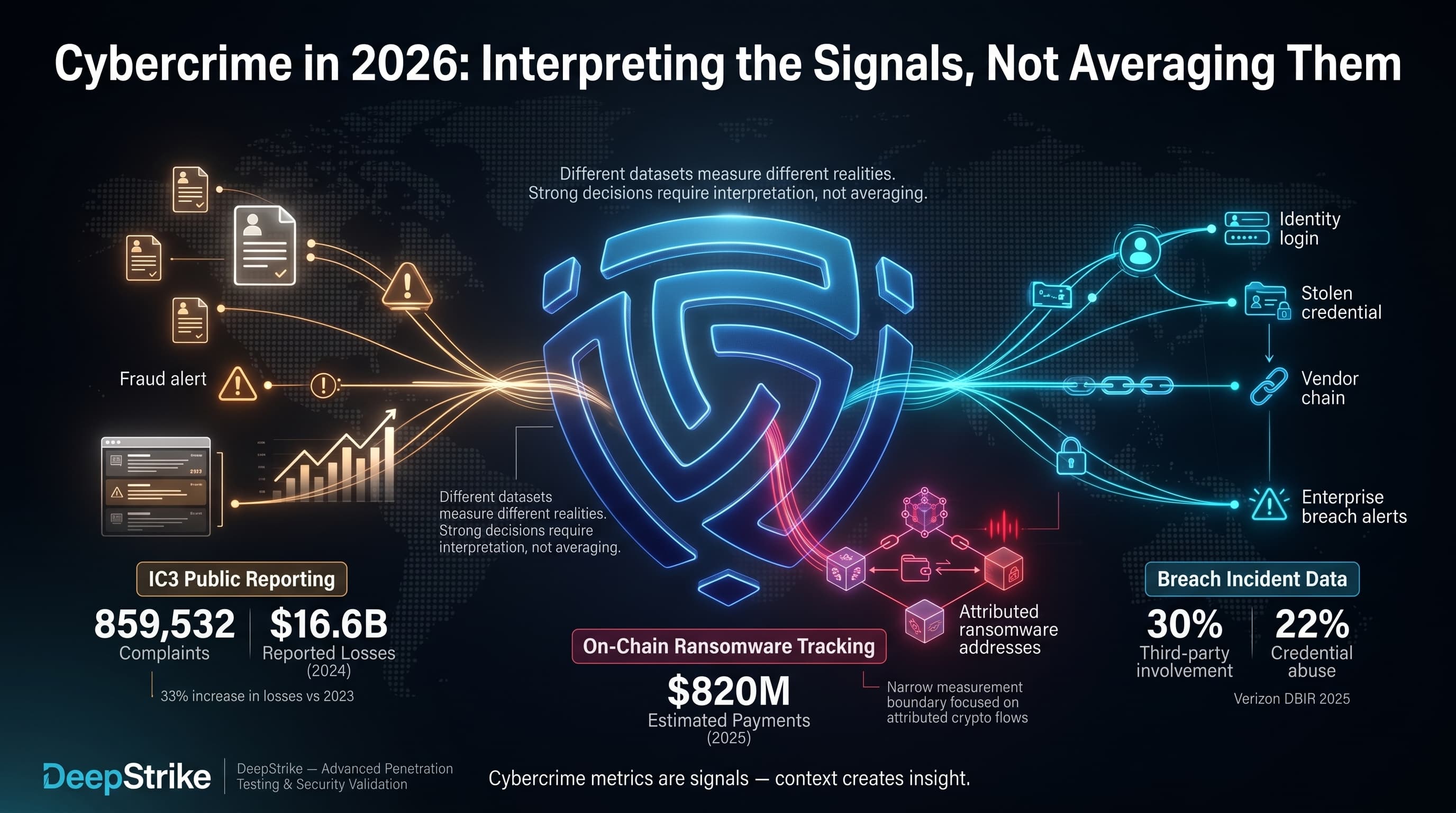 “A cybersecurity dashboard shows three measurement systems: public cybercrime complaints and losses, ransomware crypto payments, and breach intelligence involving third parties and credential abuse. A central hub connects the data streams, emphasizing interpretation over averaging.”