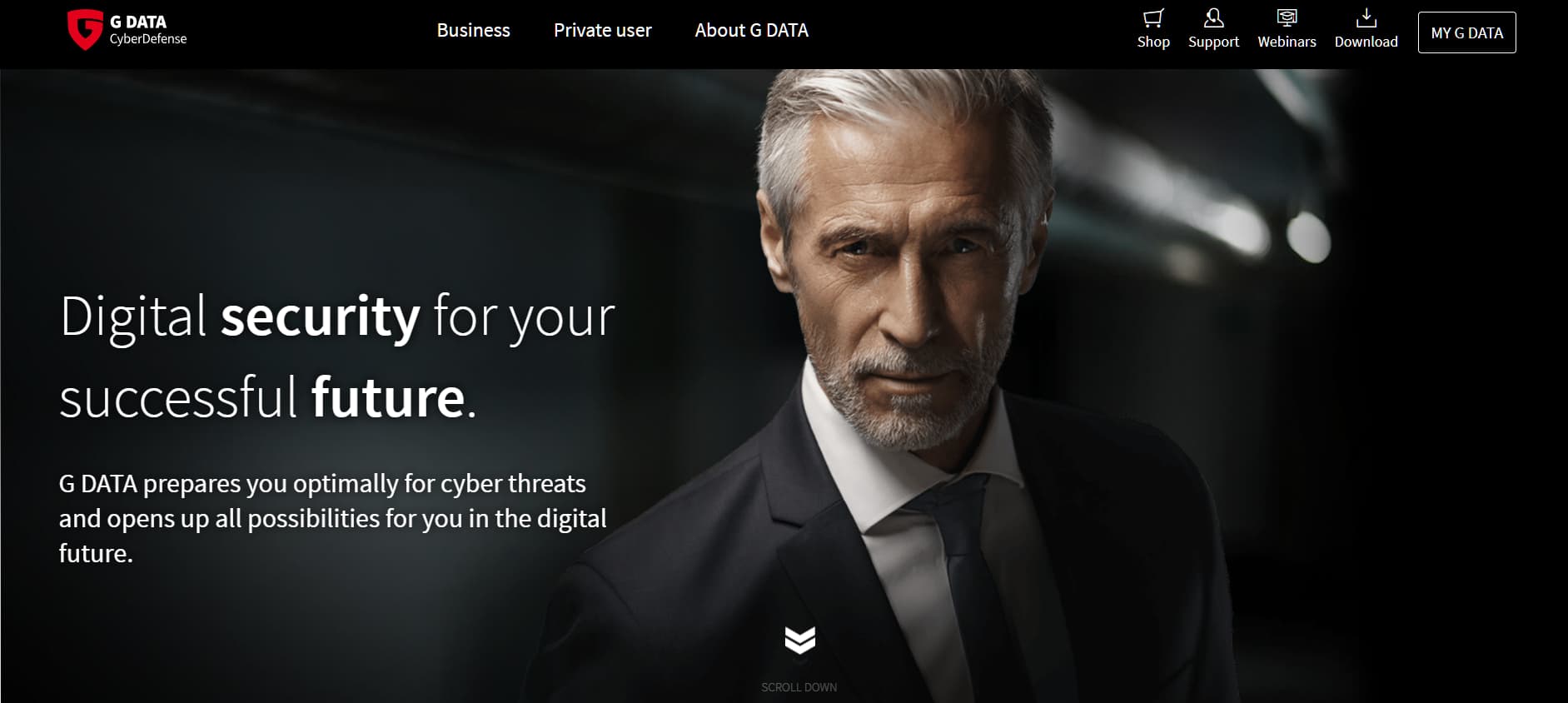 G DATA CyberDefense homepage – Professional portrait highlighting digital security for a secure future.