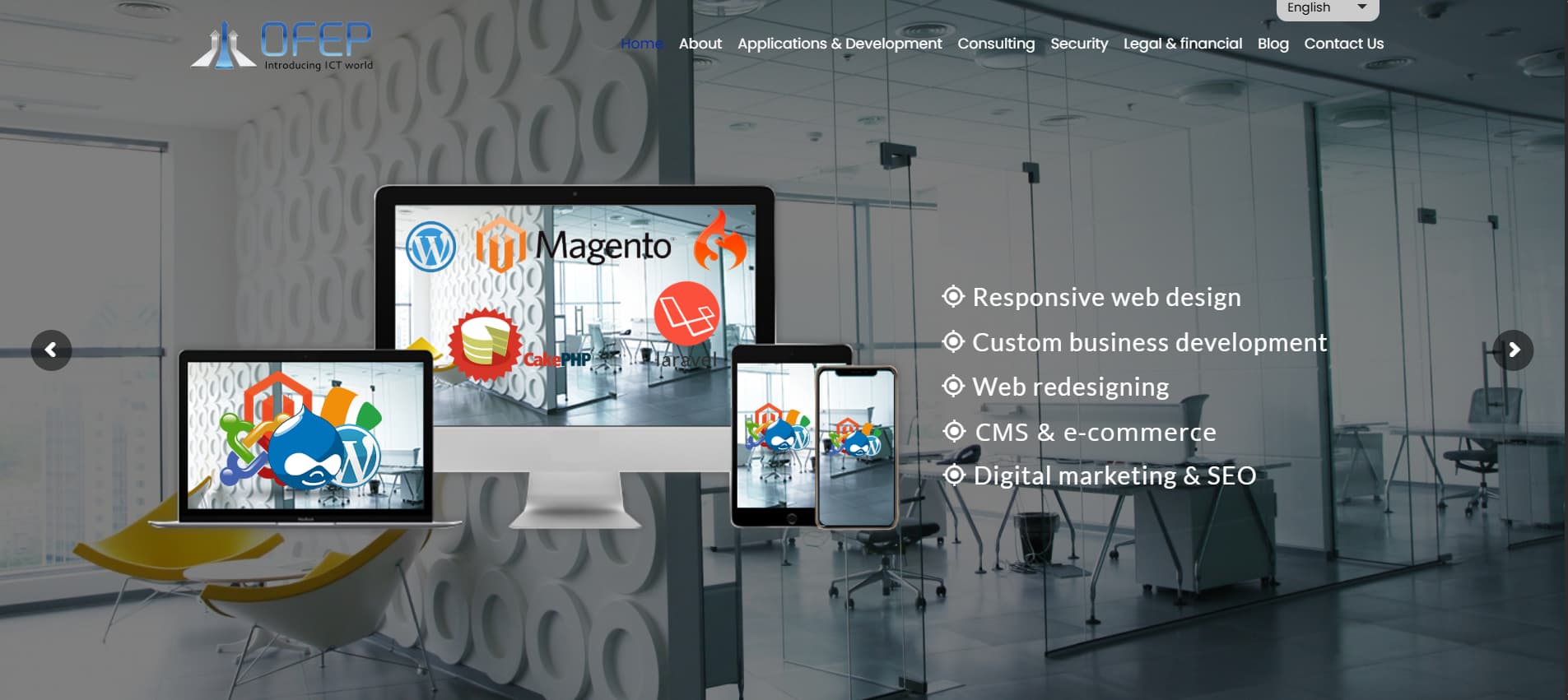 OFEP website homepage highlighting web development, cybersecurity, and penetration testing with WordPress and Magento logos on screen mockups.