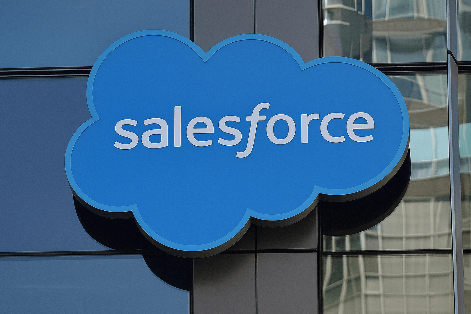 Salesforce logo sign on company headquarters building, linked to ShinyHunters data breach response