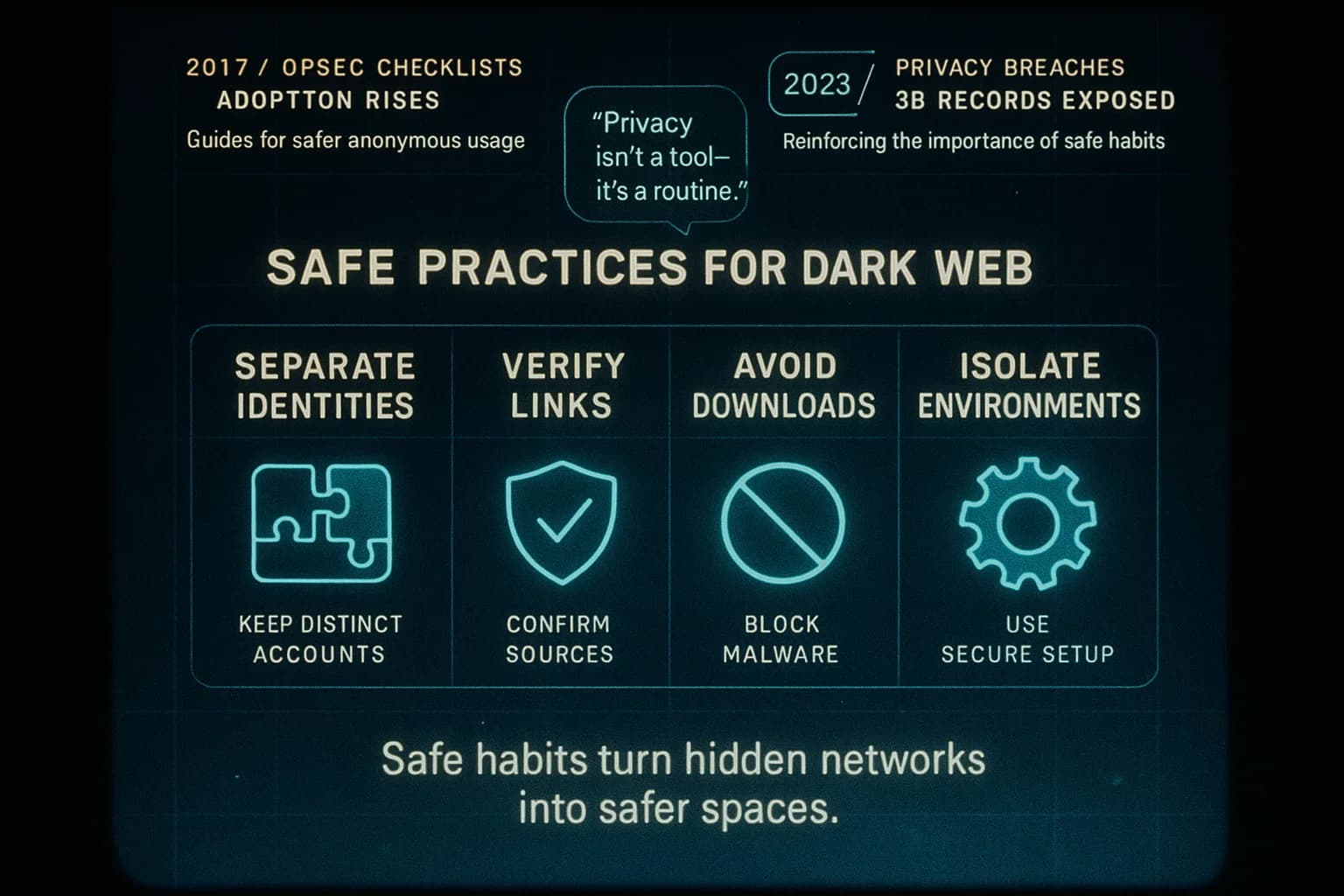 “ALT TEXT: A calm neon interface visualizes safe practices for dark web privacy, showing identity separation, secure environments, verified links, and disciplined habits through glowing icons, clean data flows, and guided motion elements.”