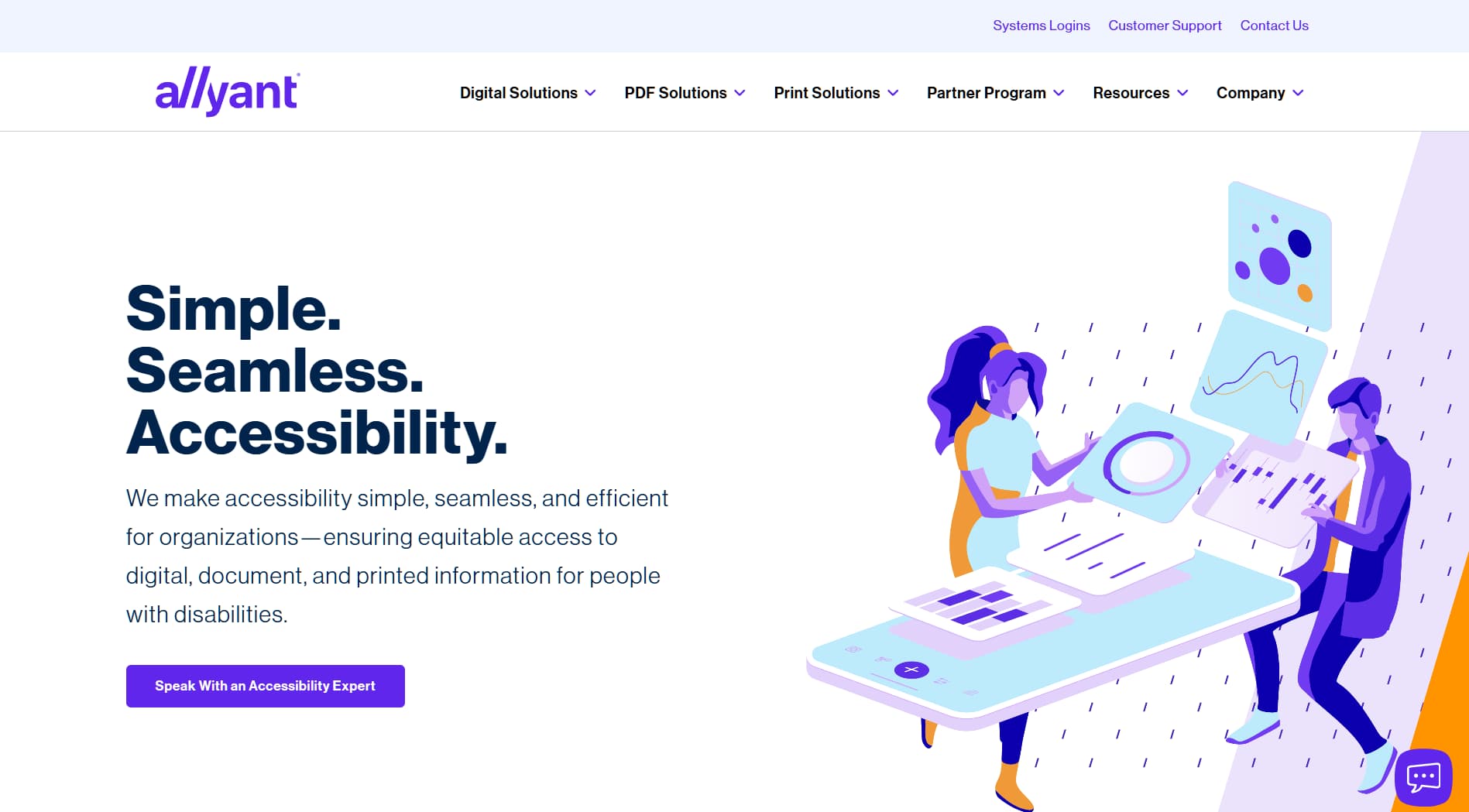 Illustrated homepage with characters handling floating digital screens, featuring the tagline ‘Simple. Seamless. Accessibility.’ promoting accessibility solutions.
