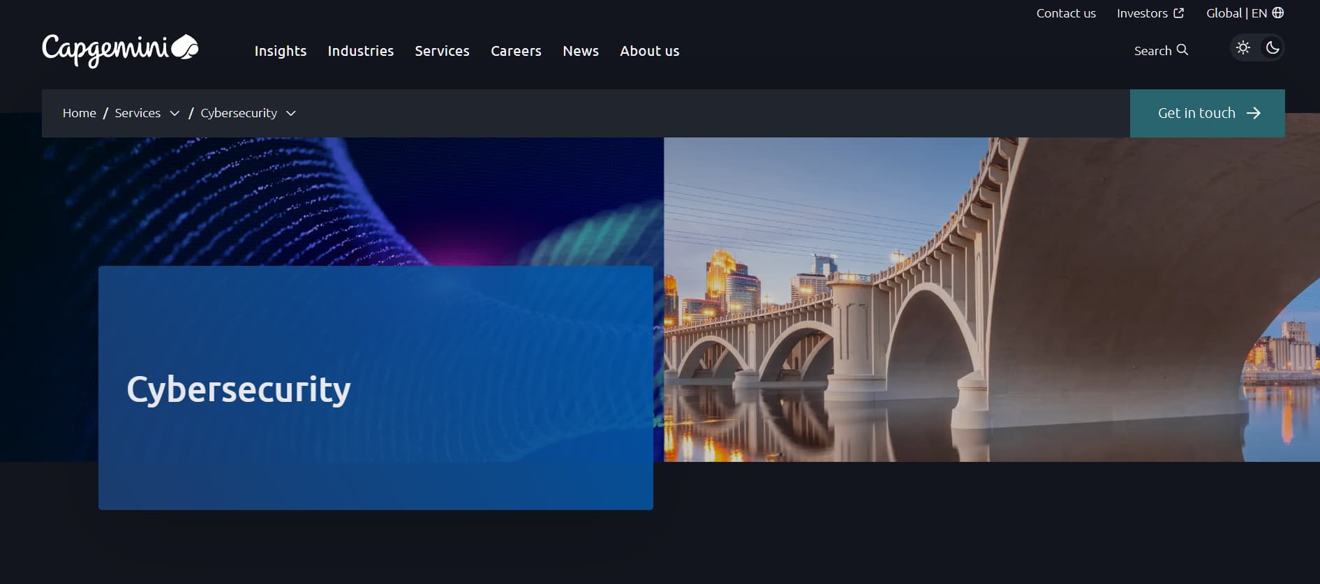 “Capgemini cybersecurity services webpage featuring the ‘Cybersecurity’ section, with enterprise navigation and imagery representing digital protection, resilience, and consulting services.”