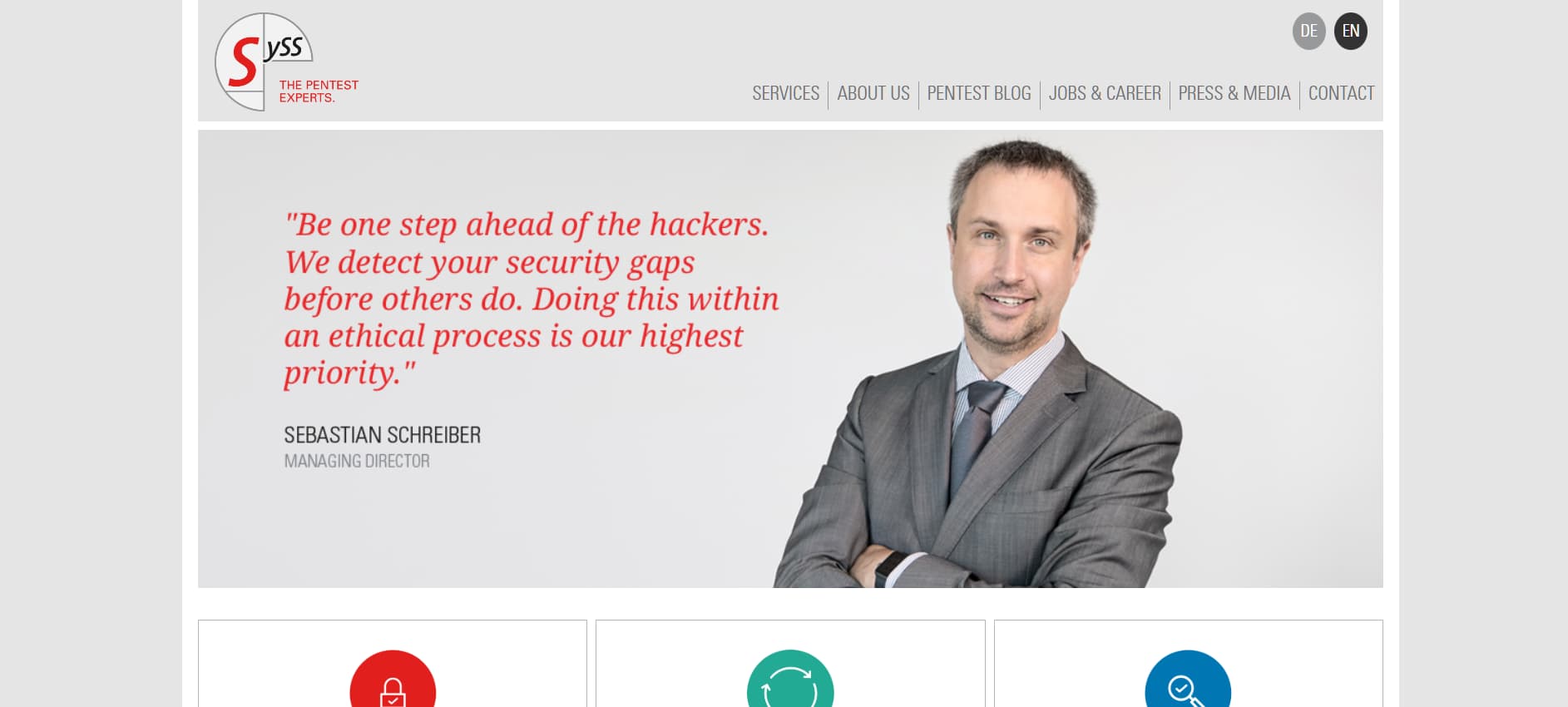 SysS Pentest Experts homepage – Managing director portrait with quote about ethical penetration testing and staying ahead of hackers.