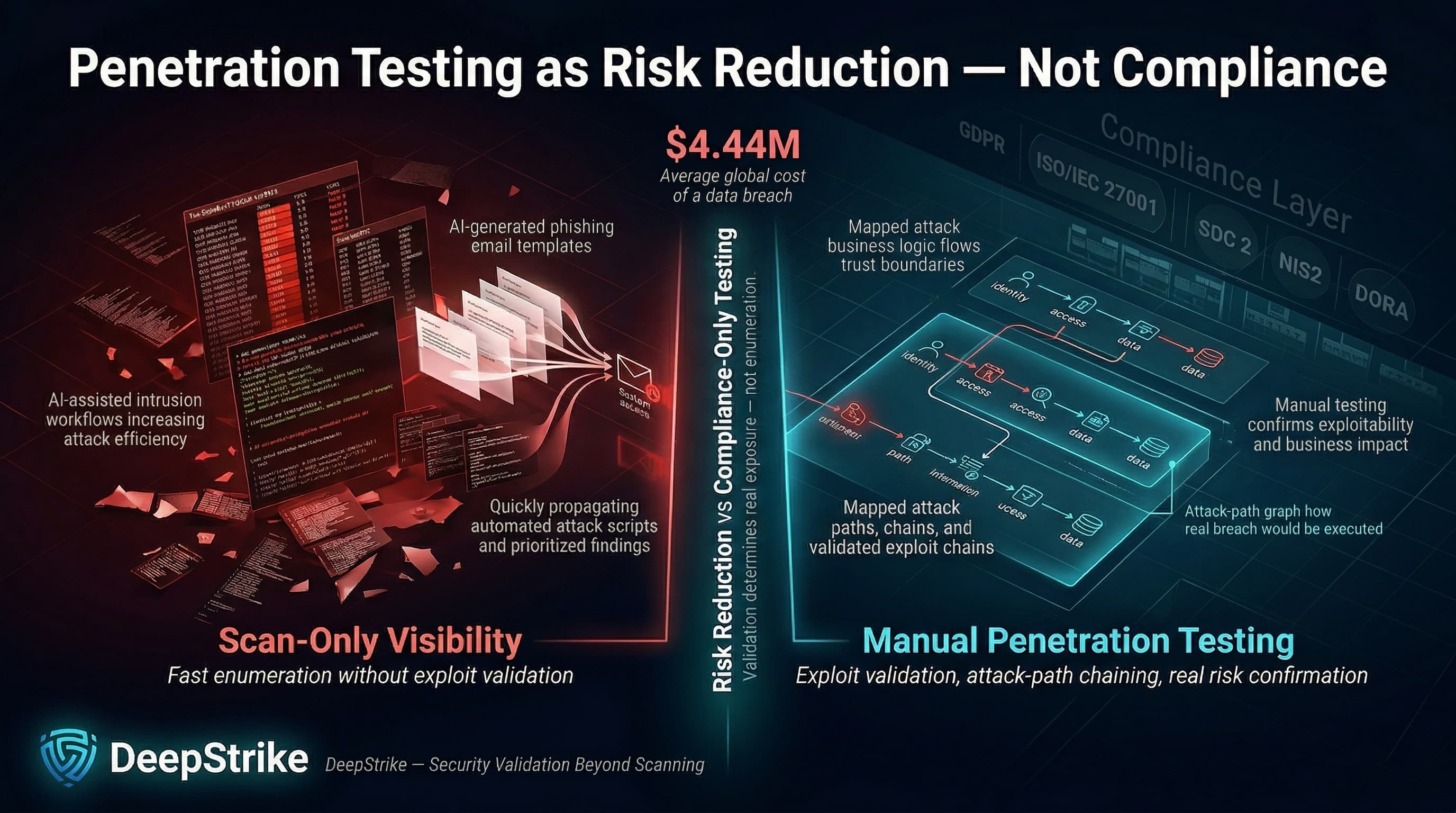 “A split cybersecurity visualization shows a red chaotic environment with automated scans and AI-driven attacks on the left, contrasted with a structured blue environment on the right where validated attack paths and secure architecture are visible. A central axis highlights the difference between compliance-based testing and true risk reduction.”