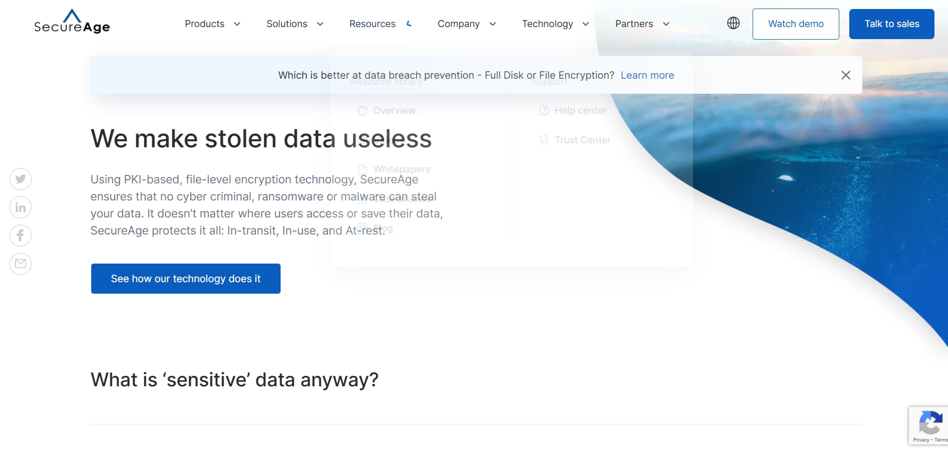 “SecureAge data encryption cybersecurity website banner highlighting file-level encryption technology”