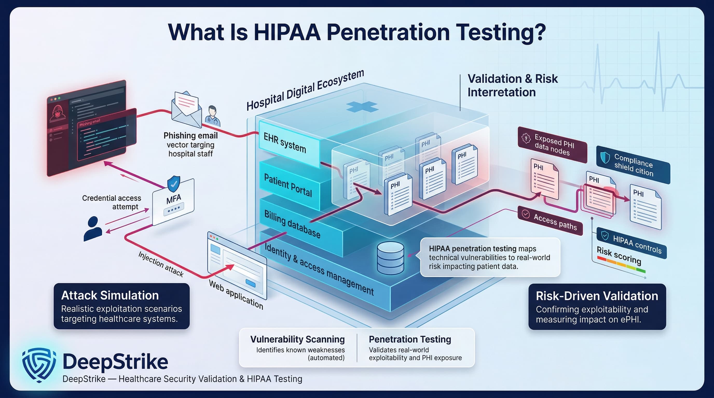 “A healthcare cybersecurity visualization shows a hospital system with EHR and patient data layers. Simulated attack paths demonstrate how vulnerabilities can expose protected health information, while overlays highlight risk validation and HIPAA-focused security testing.”