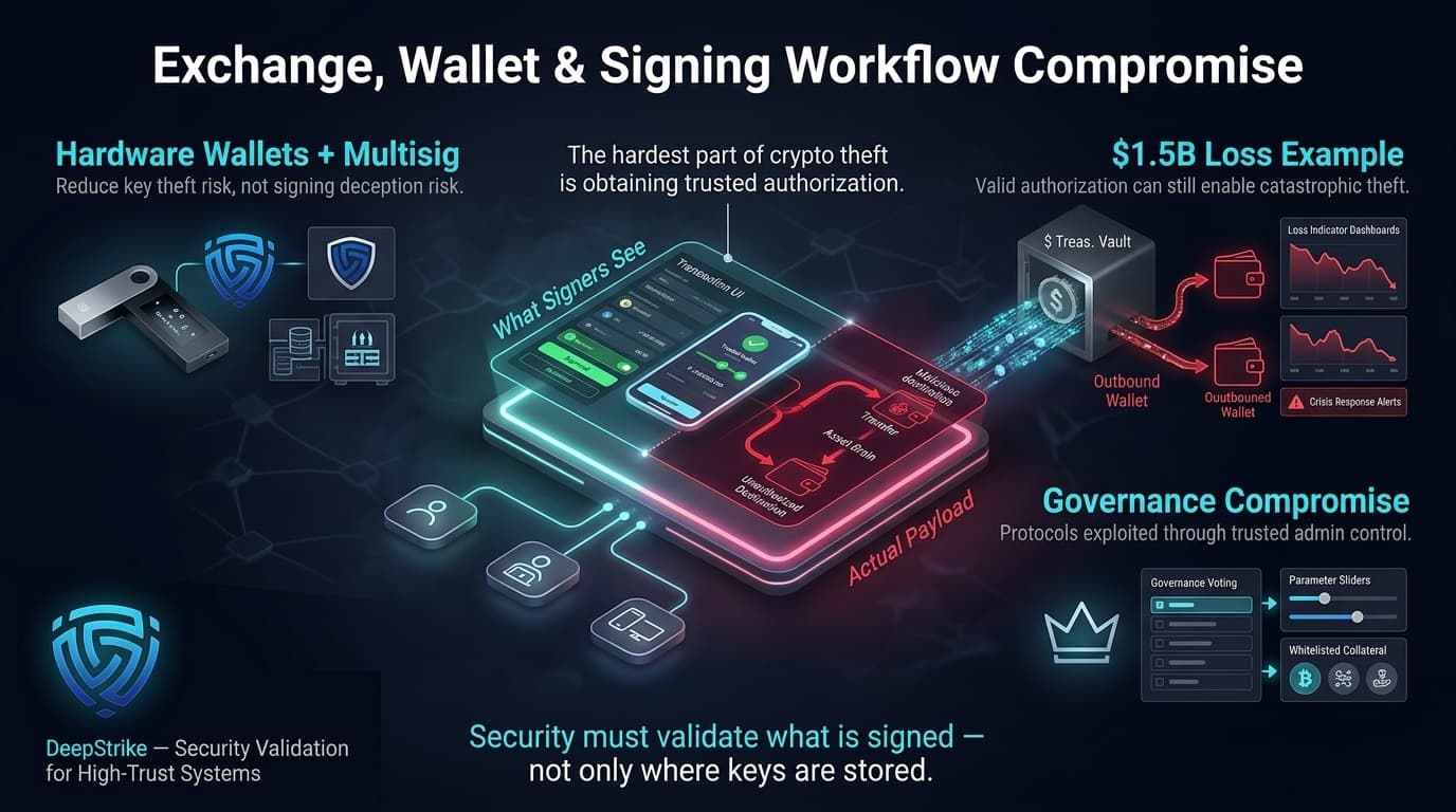 “A futuristic crypto transaction signing console shows users approving a clean interface while a hidden malicious transfer route redirects funds. Hardware wallet icons appear on one side, governance abuse controls on another, illustrating workflow compromise risks.”
