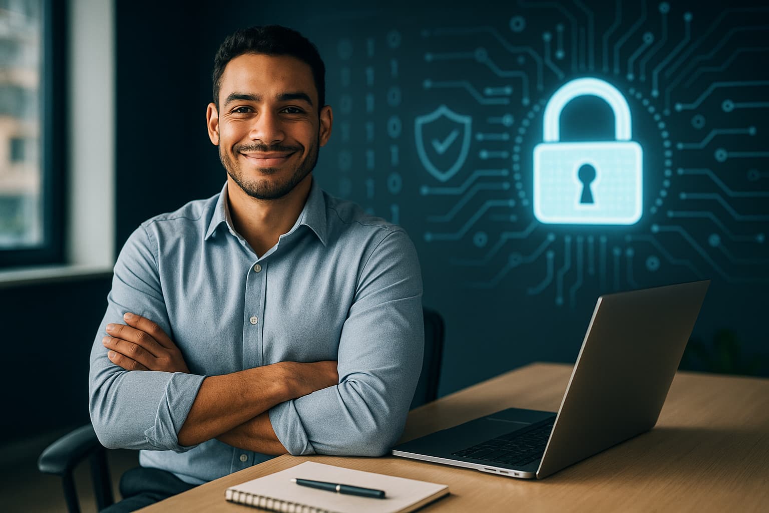 General cybersecurity theme image, or an image of someone satisfied/confident after a project completion.