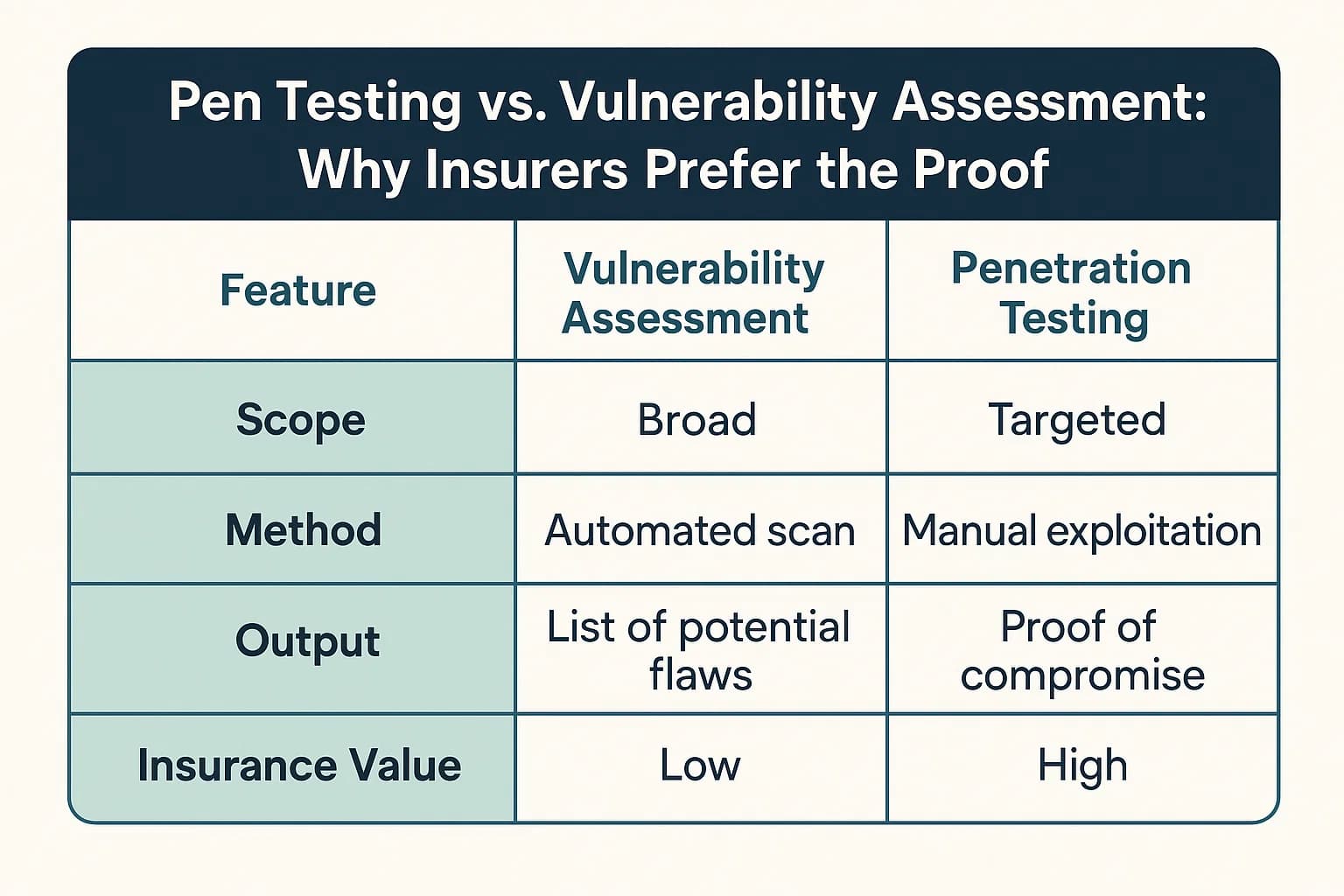 “A visual table comparing pen testing and vulnerability assessments across purpose, depth, deliverable, and insurance impact