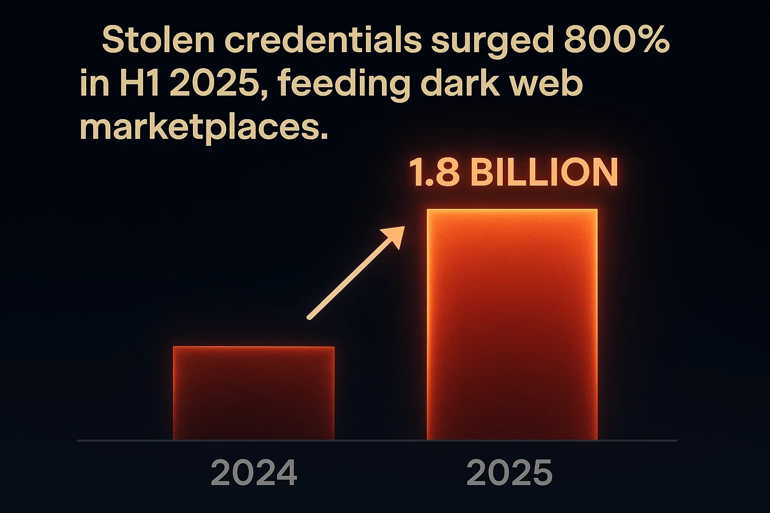 Bar chart showing year-over-year growth in credential theft incidents, emphasizing the 1.8 billion stolen records.