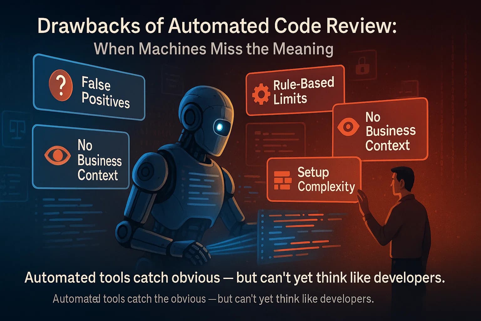 Digital illustration of a robot analyzing code holograms with red warning icons showing false positives and missed context, symbolizing the drawbacks of automated code review.