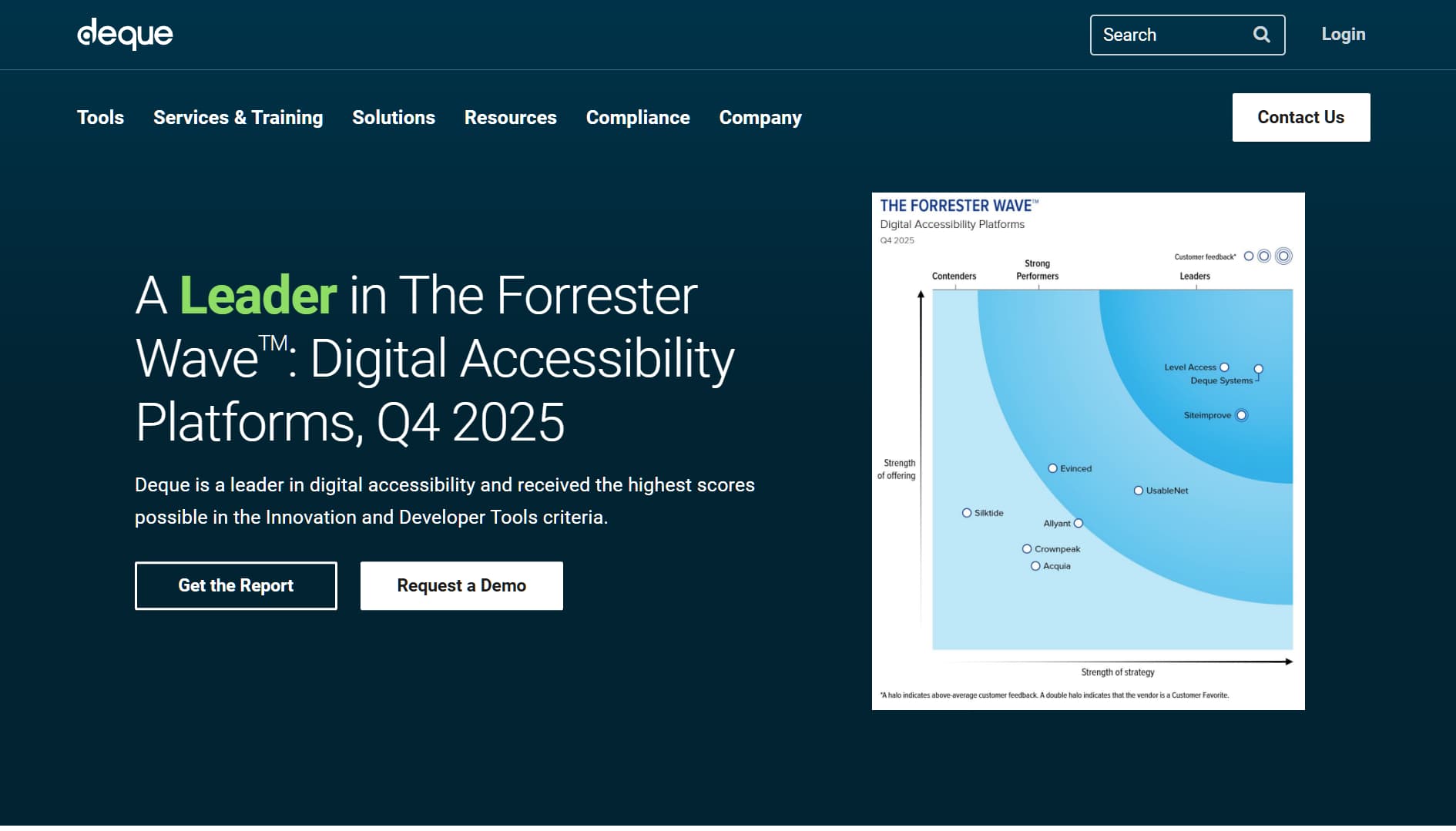 Website featuring a dark blue layout and Forrester Wave chart, highlighting Deque as a leader in digital accessibility platforms for 2025