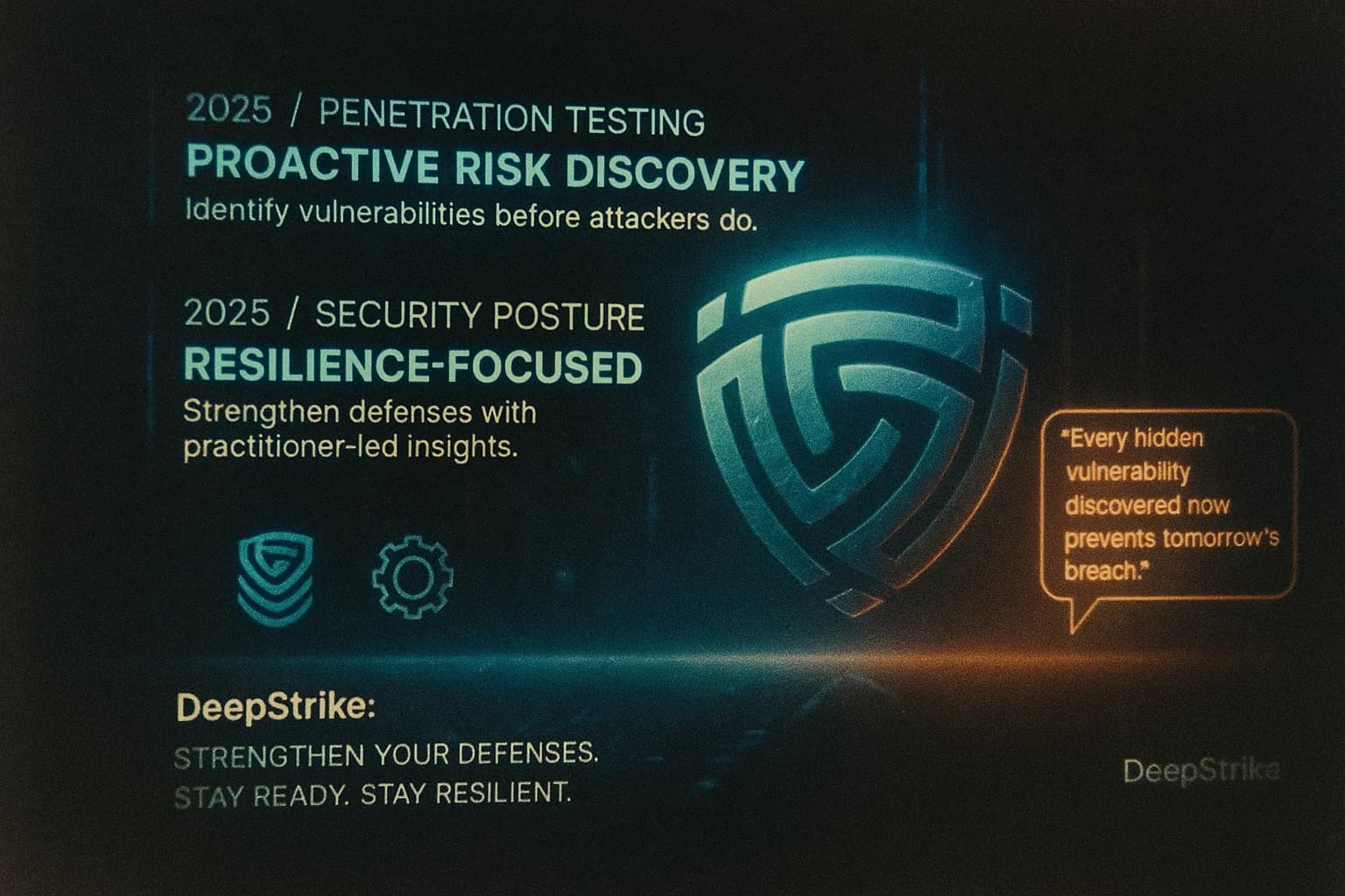 “A cinematic security visualization highlights proactive defense, risk discovery, and readiness for 2025 threats using cyan neon graphics, shield layers, scanning particles, and bold call-to-action messaging from DeepStrike.”
