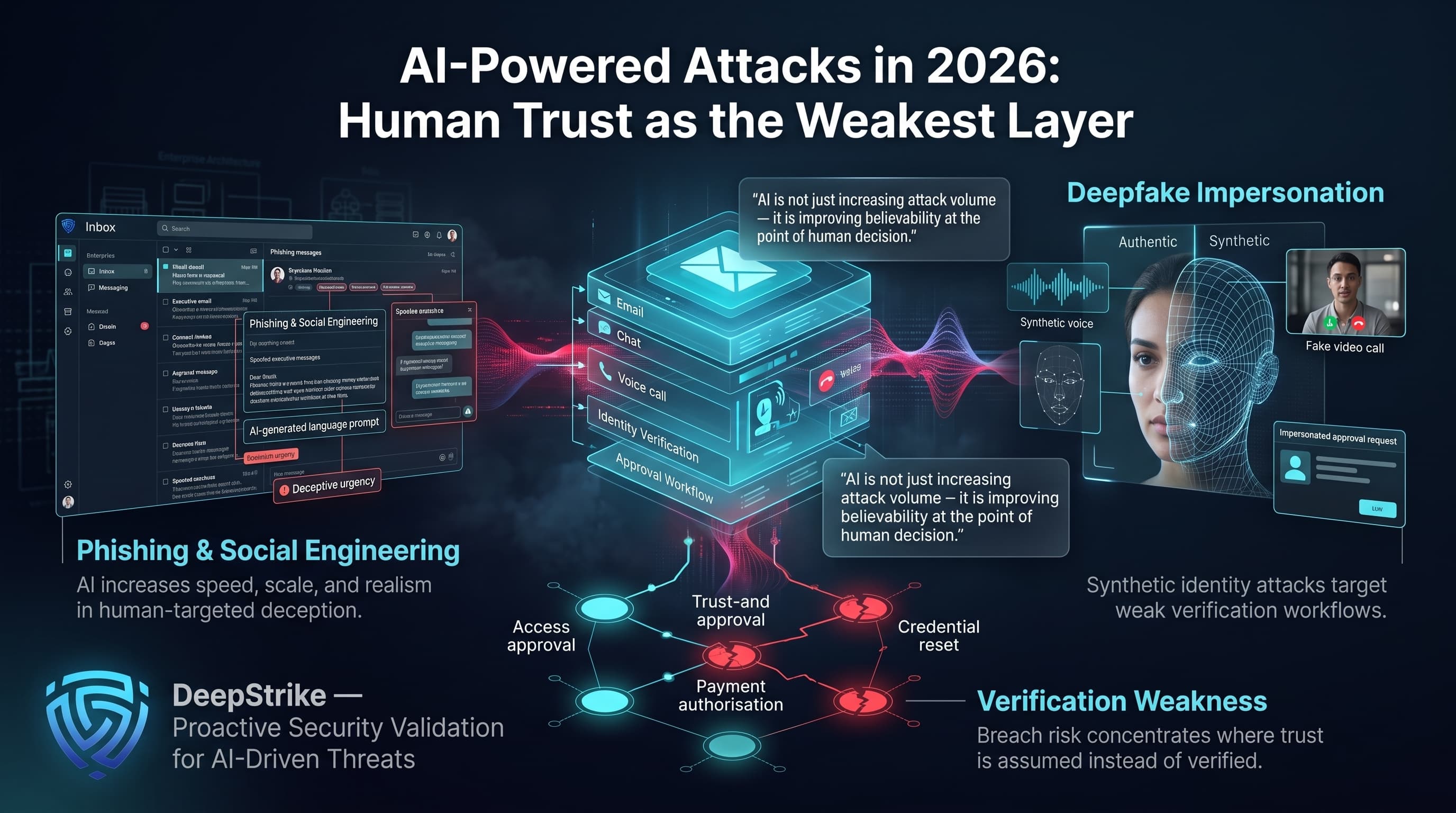 “A cinematic cybersecurity visualization shows enterprise email, chat, voice, and approval systems being targeted by AI-generated phishing and deepfake impersonation. Synthetic identity distortions and social-engineering signals converge on weak verification workflows, highlighting human trust as a major attack surface in 2026.”